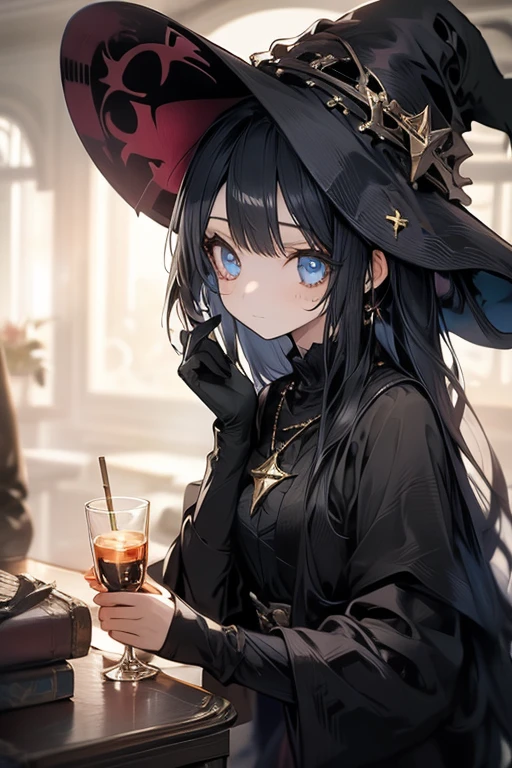 1girl, witch, relaxation, witch clothing set, Cinematic Angle
