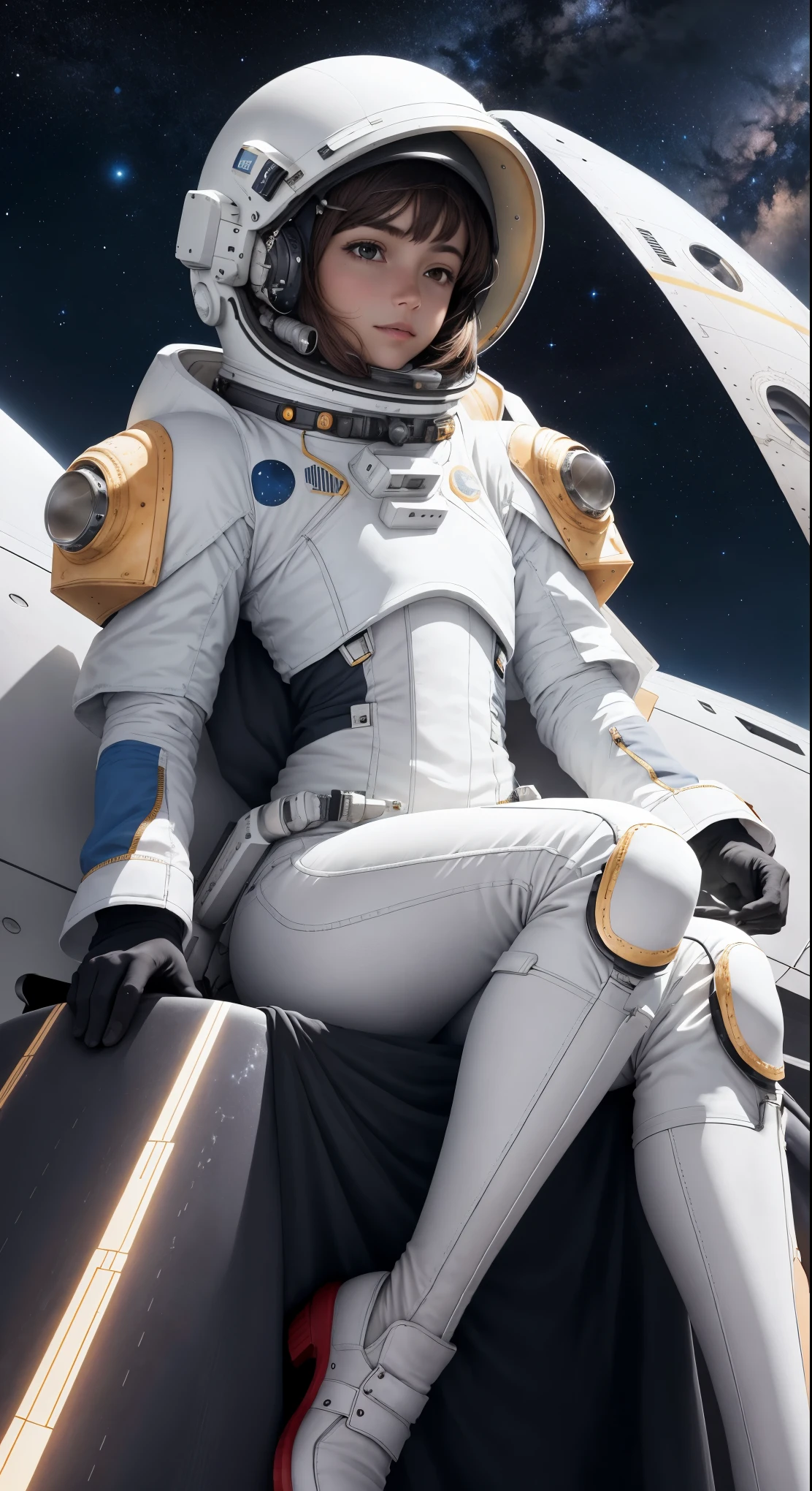 Personaje a la Distancia: Hay un personaje visto desde lejos, located at a high observation point. It is small compared to the surroundings, resaltando la magnitud de la nave. The character is equipped with a space suit, with flashing lights and mechanical details.
Vista del Espacio Exterior: Through the openings in the ship, se ve un vasto espacio estrellado. The stars are unevenly distributed, creating variable densities and suggesting the remoteness of some celestial objects.