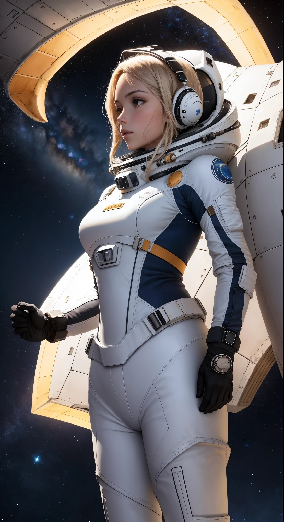 Personaje a la Distancia: Hay un personaje visto desde lejos, located at a high observation point. It is small compared to the surroundings, resaltando la magnitud de la nave. The character is equipped with a space suit, with flashing lights and mechanical details.
Vista del Espacio Exterior: Through the openings in the ship, se ve un vasto espacio estrellado. The stars are unevenly distributed, creating variable densities and suggesting the remoteness of some celestial objects.