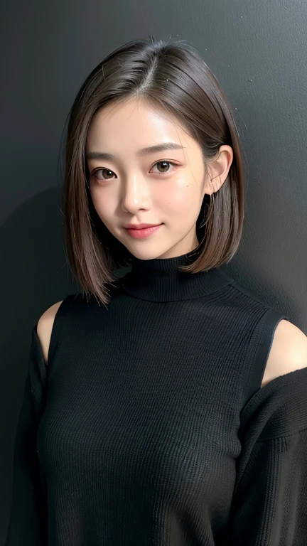 (((Close-up of face)))、(((Absolutely shoulder-length brown straight short bob)))、(((She is posing like a hair salon model, with a black wall indoors as the background.)))、(((Casual black winter long sleeves with shoulders covered)))、Half Japanese, half Korean、18 year old girl、Standing Alone、Looking forward、Light eye makeup、Brown Hair Color、Flat and 、Hair blowing in the wind、Actress Quality、Glossy, ultra-realistic face、Smiling face、Watery eyes、Gazing Up、Subtle lighting effects、 Ultra-Realistic Capture、Very detailed、High resolution 16K close up of human skin。Skin texture must be natural、The details must be such that pores can be clearly seen、The skin is healthy、Uniform tone、Use natural light and colors、A worn-out, high-quality photo taken by a model agency&#39;s in-house photographer.、smile、(((SIGMA 300 mm F/1.4,1/1000 sec shutter,ISO 400))) 