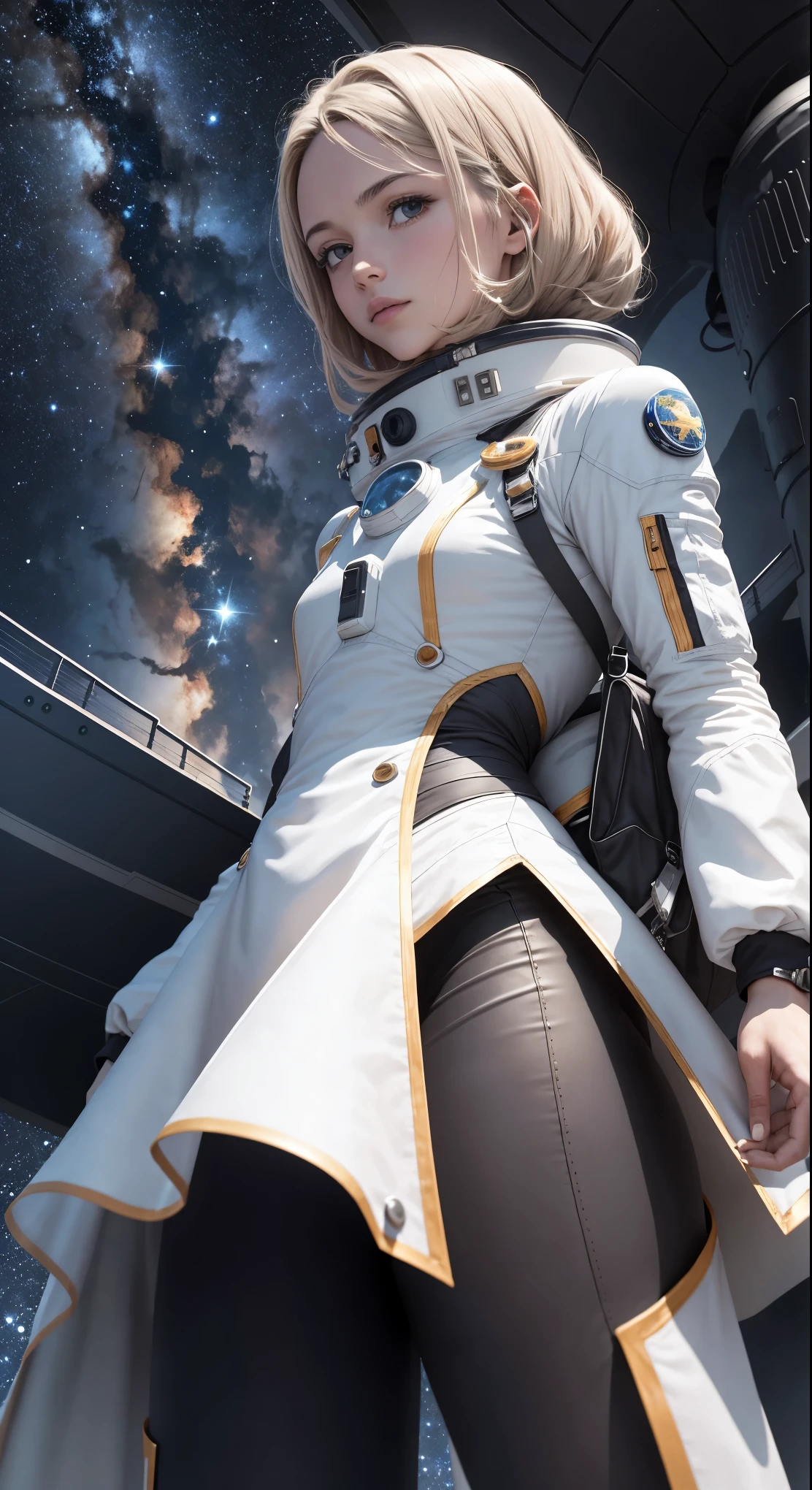 Personaje a la Distancia: Hay un personaje visto desde lejos, located at a high observation point. It is small compared to the surroundings, resaltando la magnitud de la nave. The character is equipped with a space suit, with flashing lights and mechanical details.
Vista del Espacio Exterior: Through the openings in the ship, se ve un vasto espacio estrellado. The stars are unevenly distributed, creating variable densities and suggesting the remoteness of some celestial objects.