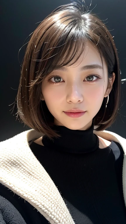(((Close-up of face)))、(((Absolutely shoulder-length brown straight short bob)))、(((She is posing like a hair salon model, with a black wall indoors as the background.)))、(((Casual black winter long sleeves with shoulders covered)))、Half Japanese, half Korean、18 year old girl、Standing Alone、Looking forward、Light eye makeup、Brown Hair Color、Flat and 、Hair blowing in the wind、Actress Quality、Glossy, ultra-realistic face、Smiling face、Watery eyes、Gazing Up、Subtle lighting effects、 Ultra-Realistic Capture、Very detailed、High resolution 16K close up of human skin。Skin texture must be natural、The details must be such that pores can be clearly seen、The skin is healthy、Uniform tone、Use natural light and colors、A worn-out, high-quality photo taken by a model agency's in-house photographer.、smile、(((SIGMA 300 mm F/1.4,1/1000 sec shutter,ISO 400)))