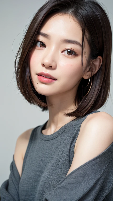 (((Close-up of face)))、(((Absolutely shoulder-length brown straight short bob)))、(((She is posing like a hair salon model, with a black wall indoors as the background.)))、(((Casual black winter long sleeves with shoulders covered)))、Half Japanese, half Korean、18 year old girl、Standing Alone、Looking forward、Light eye makeup、Brown Hair Color、Flat and 、Hair blowing in the wind、Actress Quality、Glossy, ultra-realistic face、Smiling face、Watery eyes、Gazing Up、Subtle lighting effects、 Ultra-Realistic Capture、Very detailed、High resolution 16K close up of human skin。Skin texture must be natural、The details must be such that pores can be clearly seen、The skin is healthy、Uniform tone、Use natural light and colors、A worn-out, high-quality photo taken by a model agency&#39;s in-house photographer.、smile、(((SIGMA 300 mm F/1.4,1/1000 sec shutter,ISO 400))) 