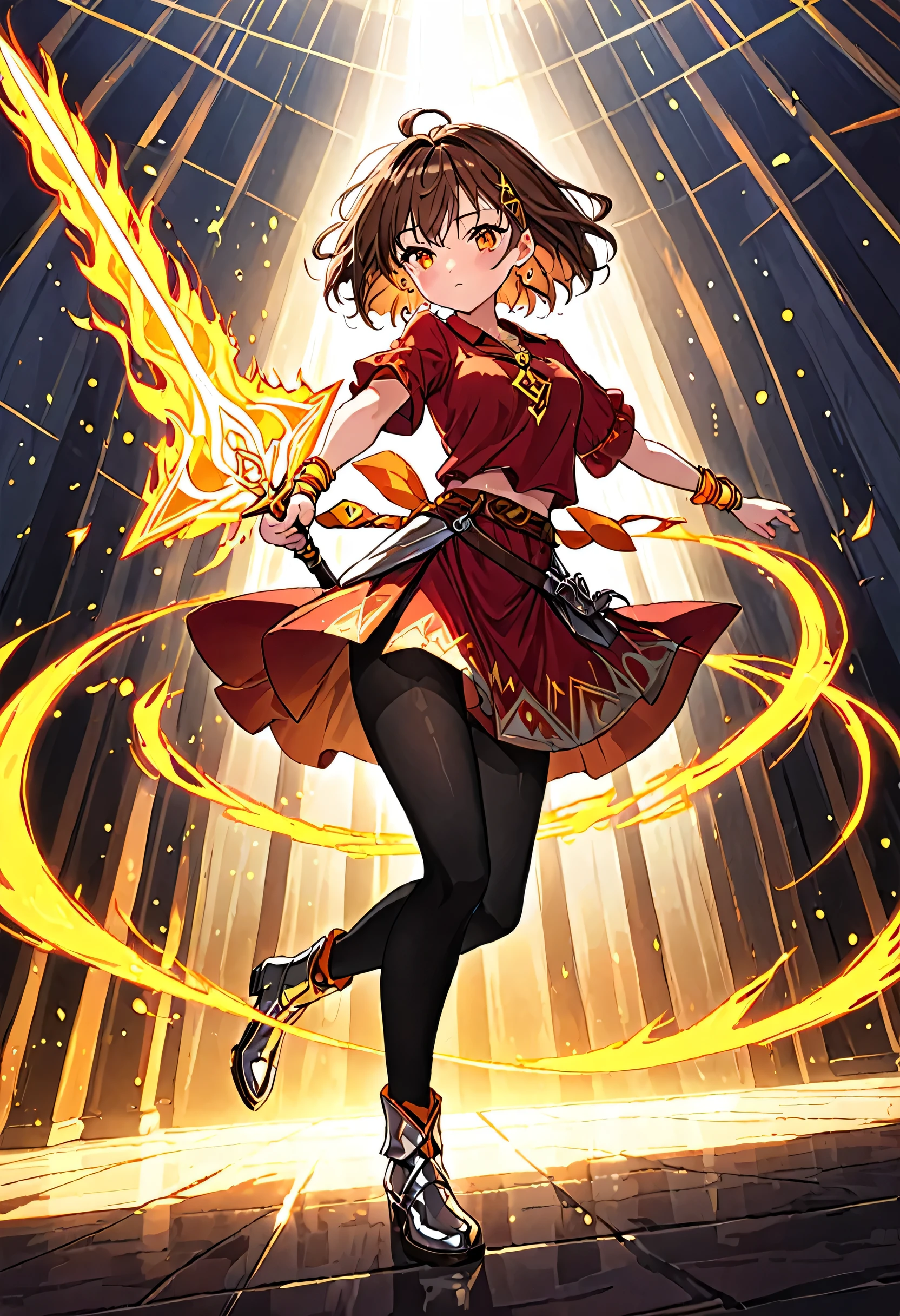 kawaii anime, cute girl, short brown hair, wind effect shaking her hair, wearing red earrings, detailed yellow eyes, serious expression but with blush on her face, holding a sword with both hands, long red blouse to the knees, magical triangular symbol on her blouse, orange bracelets on her arms, a slightly sensual pose, magical aura of fire around her body, black tights with orange details, wearing silver boots, in the middle of a medieval arena, details of sun rays passing through the sword and reflecting on the screen, solarpunk, rtx graphics, dynamic pose
