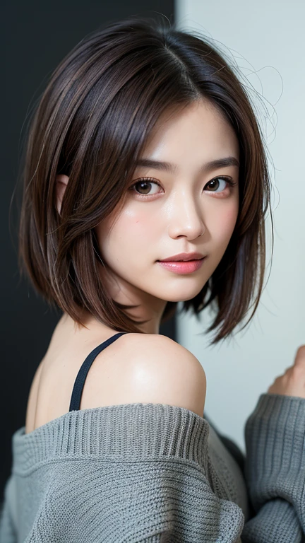 (((Close-up of face)))、(((Absolutely shoulder-length brown straight short bob)))、(((She is posing like a hair salon model, with a black wall indoors as the background.)))、(((Casual black winter long sleeves with shoulders covered)))、Half Japanese, half Korean、18 year old girl、Standing Alone、Looking forward、Light eye makeup、Brown Hair Color、Flat and 、Hair blowing in the wind、Actress Quality、Glossy, ultra-realistic face、Smiling face、Watery eyes、Gazing Up、Subtle lighting effects、 Ultra-Realistic Capture、Very detailed、High resolution 16K close up of human skin。Skin texture must be natural、The details must be such that pores can be clearly seen、The skin is healthy、Uniform tone、Use natural light and colors、A worn-out, high-quality photo taken by a model agency&#39;s in-house photographer.、smile、(((SIGMA 300 mm F/1.4,1/1000 sec shutter,ISO 400))) 