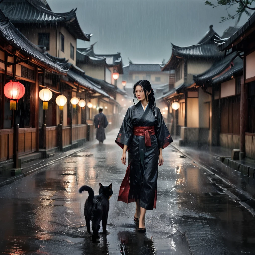 Female figure in traditional East Asian dress. Walking on a wet road (facing towards us). The puddles reflect the lanterns that stand on the sides of the road. A black cat walks beside him. The woman wears a flowing kimono made of (bright red silk) with a distinctive black and red pattern on the right side. The kimono has wide sleeves and a high collar, suggesting formal clothing from the historical period. She has fair skin and long, wet, messy black hair. Her facial features are delicate, perfect, detailed. Around her there is a dark and rainy atmosphere with raindrops. Complex, perfect, realistic image. 
