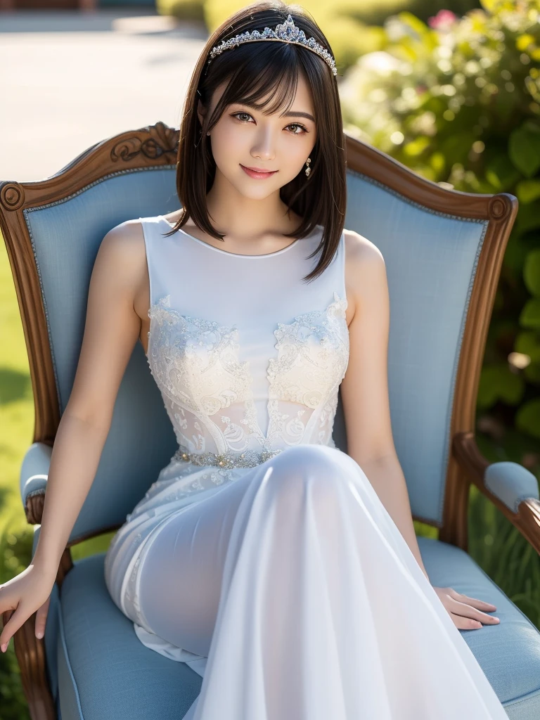 (highest quality:1.5)、(Realistic:1.5)、(1 person:1.5)、(Medium Shot:1.5)、Very detailed、High resolution、8k wallpaper、、Small breasts、Natural color lips、Cute Smile、Japanese women、20-year-old girl、Beautiful and elegant face、Perfect and beautiful face、Large, balanced eyes、Brunette's eyes、Beautiful and elegant face、Beautiful double eyelids、Natural Bangs、Beautiful thin nose、Beautiful Skin、Fair skin、Medium Bob Hair、Natural Bangs、Perfect and beautiful face、Slim face and figure、(Looking at the camera with a sweet smile)、Bright lighting、Professional Lighting、Forward lighting、tiara、(Wearing a mermaid wedding dress)、(Sitting with his feet together on a gorgeous chair like a castle throne)、