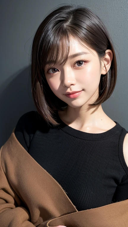 (((Close-up of face)))、(((Absolutely shoulder-length brown straight short bob)))、(((She is posing like a hair salon model, with a black wall indoors as the background.)))、(((Casual black winter long sleeves with shoulders covered)))、Half Japanese, half Korean、18 year old girl、Standing Alone、Looking forward、Light eye makeup、Brown Hair Color、Flat and 、Hair blowing in the wind、Actress Quality、Glossy, ultra-realistic face、Smiling face、Watery eyes、Gazing Up、Subtle lighting effects、 Ultra-Realistic Capture、Very detailed、High resolution 16K close up of human skin。Skin texture must be natural、The details must be such that pores can be clearly seen、The skin is healthy、Uniform tone、Use natural light and colors、A worn-out, high-quality photo taken by a model agency's in-house photographer.、smile、(((SIGMA 300 mm F/1.4,1/1000 sec shutter,ISO 400)))