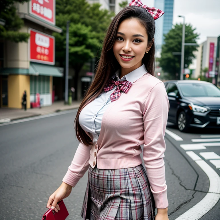 (Thai woman),((highponytail)),(forehead),(School Uniforms:1.5), (pink cardigan is fit body:1.4), ((long sleeve):1.3), (inner wear is white collared-shirt:1.3), (red plaid-pattern bow:1.3), (red plaid-pattern pleated skirt:1.3), ((dark-brown pantyhose, loafers):1.2), ((huge breasts:1.4)),(slim waist),(dark skin, tanned skin:1.5), (smile:1.5),(Tokyo street in the background:1.5), (cowboy shot:1.5),8k, UHD,