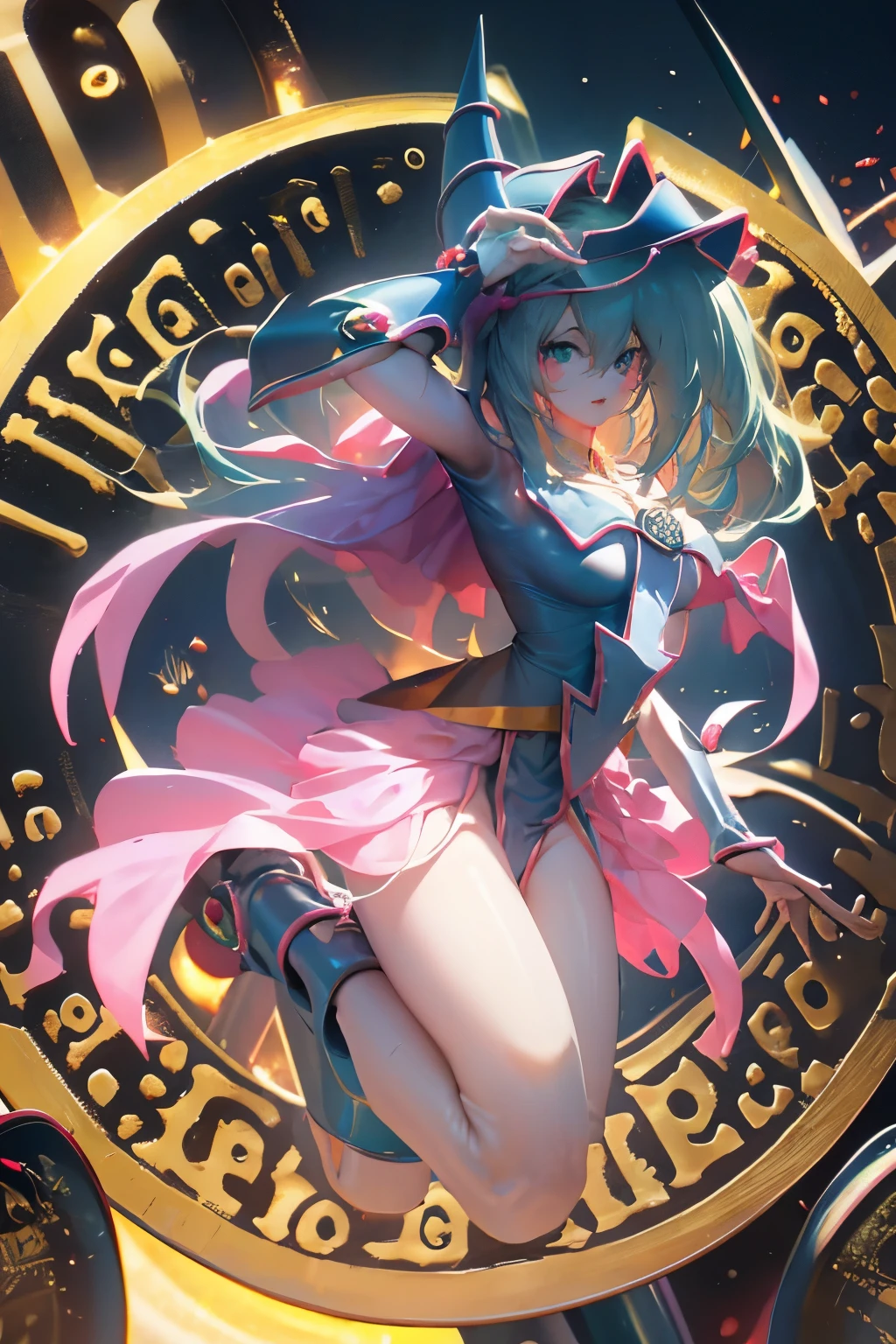 Hatsune Miku disfrazada de dark magician gils. Pose sensual y seductora. Fondo de magia