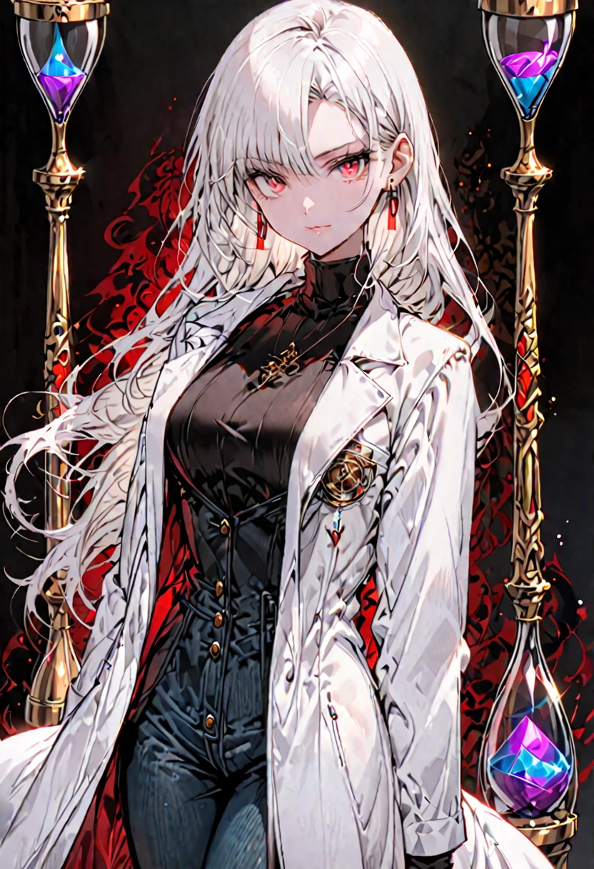 solo, female, red eyes, silky long white hair, tall, hourglass figure, elegant modest clothes, sfw, white lab coat, calm smile, serious pose, earring, black turtleneck, lab, jeans, medium shot