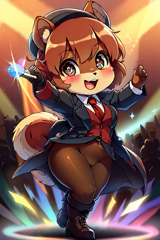 boy, squirrel, furry, bodyfur, blazer, bottomless, no panties under pantyhose, gloves, boots, chibi, sparkling eyes, idol, dancing, singing