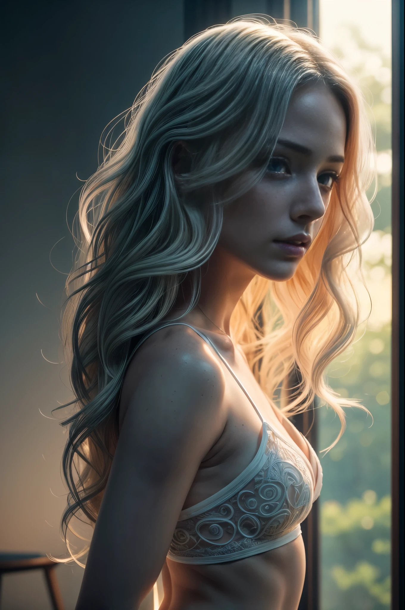 (full body shot:1.3), photo taken from the side behind, (extremely intricate:1.3), (photorealistic:1.4), hyper-detailed sheer dessous, (sensual pose), (lewd face), sexy lips, waifu, small breasts, flat chest, shyness, thighgap, beautifull, cute, pretty, perfectly proportion body, perfect framing, sharp blue eyes, supermodel face, detailed face, pale white skin, [[freckles skin]], (((white wavy hair))), cover art, moody,  zoom out, depth of field, art station, (luminism), (((cinematic lighting))), orange and teal, soft light, [summer weather: sunset weather:2.5] 4k resolution, octane render,