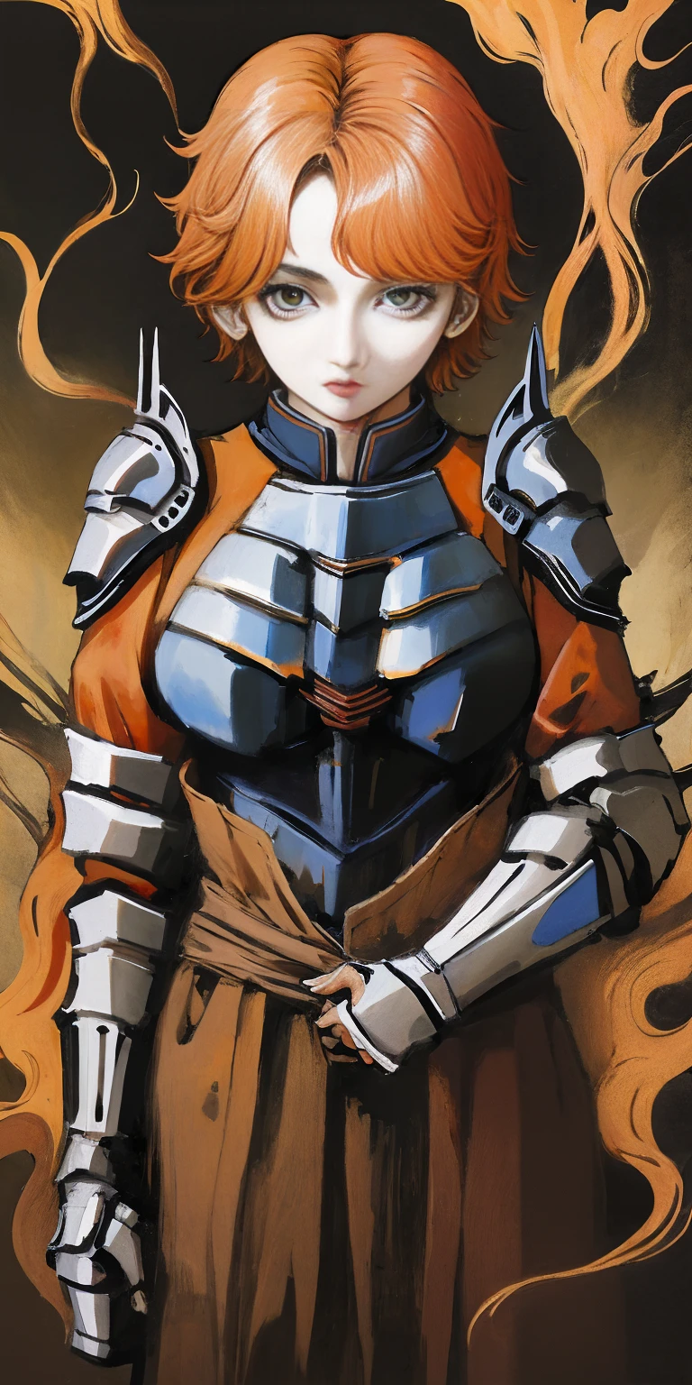 funger, very detailed illustration, 1girl, big breasts, high res high quality, masterpiece, looking at viewer, (knight), orange hair, absurdness, ultra-detailed, short hair
