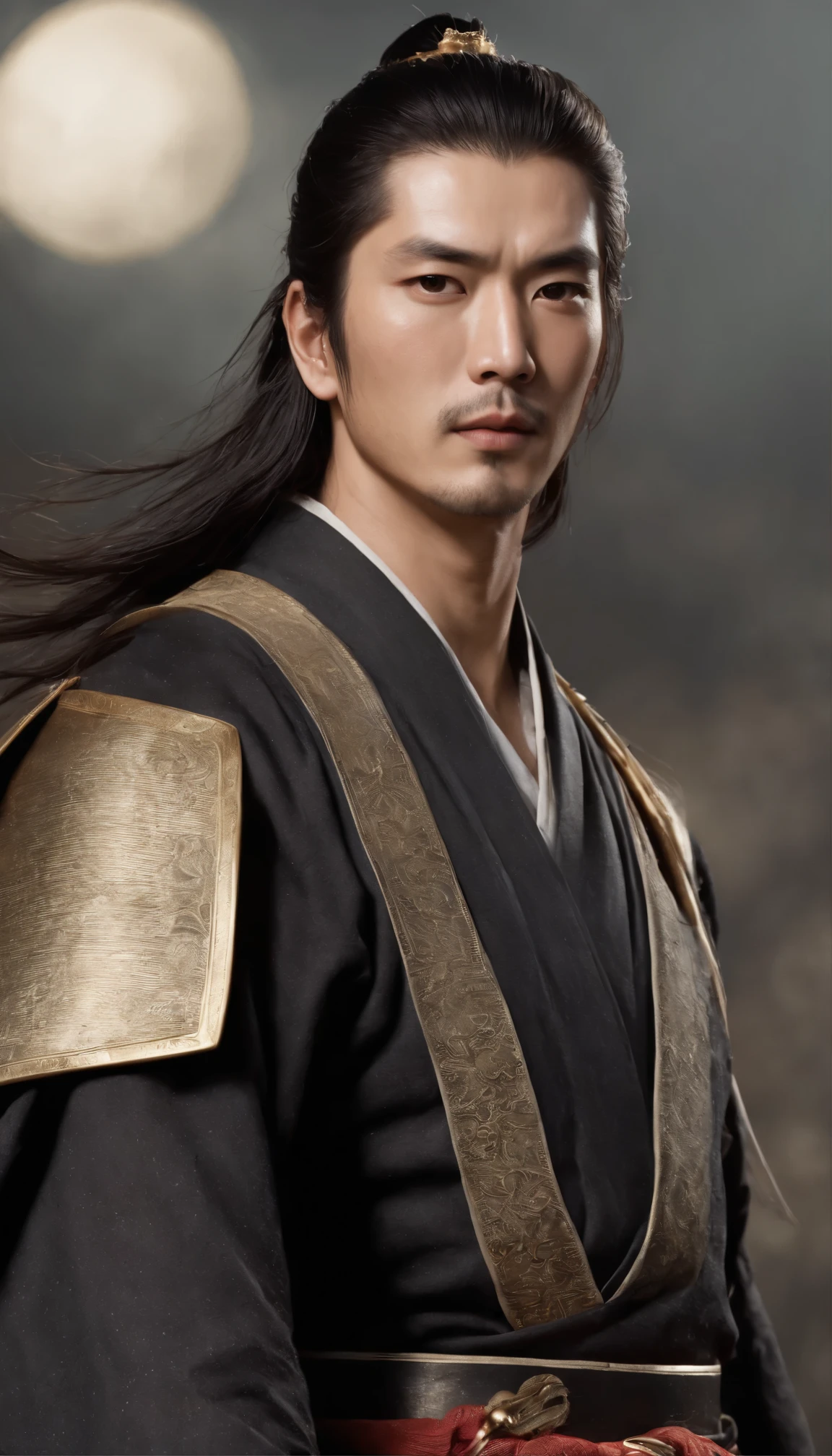 A scene from a movie,Image of Oda Nobunaga,　In the enchanting scene、A man stands proudly in an elegant black and gold ensemble、Wielding an epic sword in fantasy daimyo style(1)。Sleek black armor with gold accents、It envelops a muscular body that sparkles under the soft, mysterious light.。The man&#39;s stubble-covered jaw was set firmly in place.、His determined features are etched with a look of concentration.。Thick eyebrows slightly furrowed、His sculpted face is adorned with lines that add depth to it.。Ultra-detailed and ultra-realistic male eyes、Gazing into the distance、A steely determination illuminates its depths。