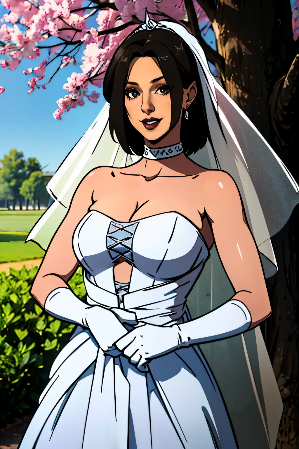 1girl, solo,Sareena MK, crown,earrings ,lipstick, eye shadow, makeup, hair between eyes, ahoge, hair ornament, gloves, poofy dress, cleavage, bare shoulders, collarbone, white oprea gloves, white gloves, white dress, strapless, white choker, tiara, veil, strapless dress, poofy wedding dress, bridal veil, beautiful woman, perfect body, perfect breasts, wearing a wedding dress, ball gown, in the park trees, wedding decorations, looking at the viewer,  smile, realism, masterpiece, textured skin, super detail, high detail, high quality, best quality, 1080p,