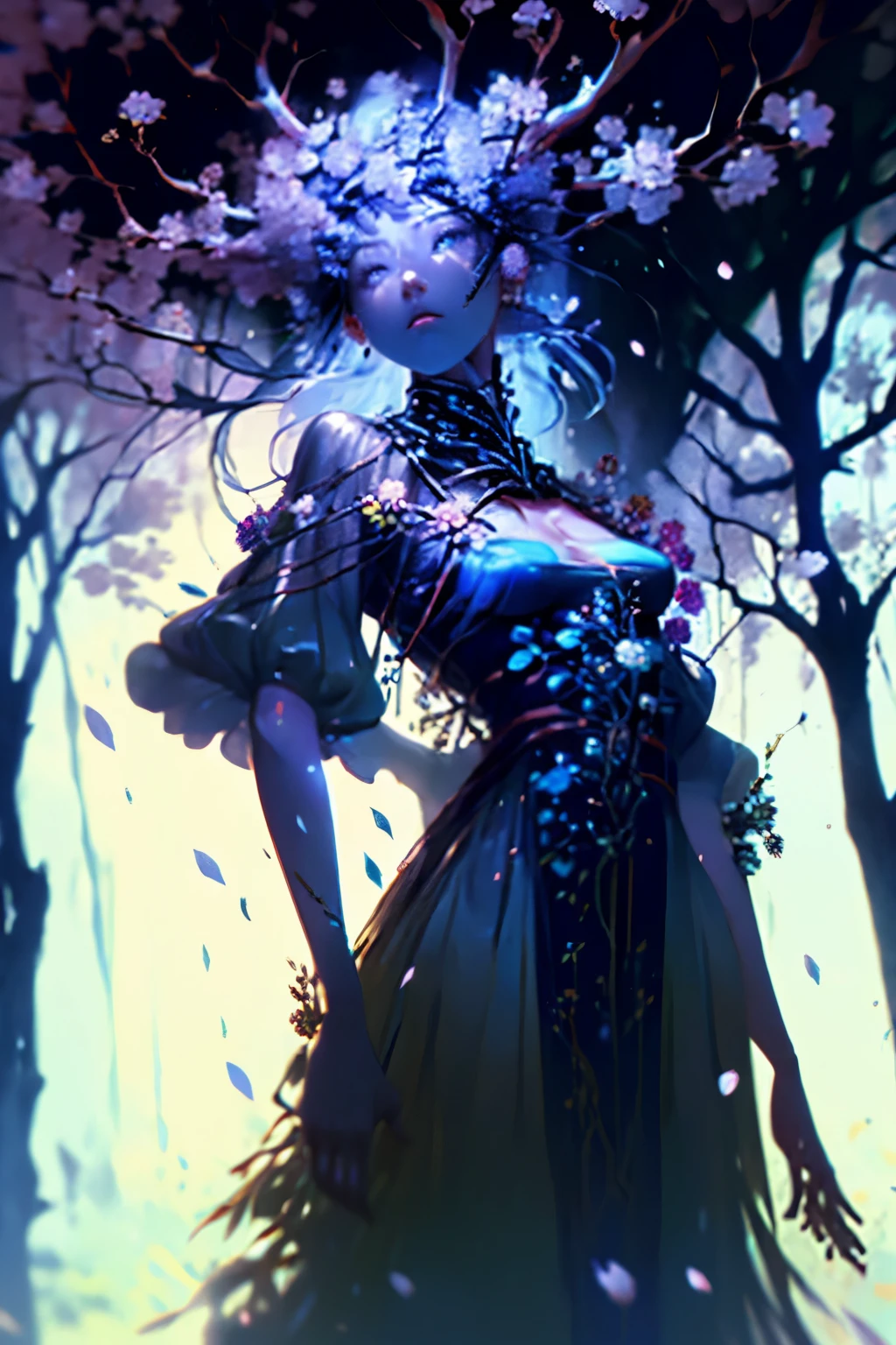 Tree Man，Young women，Branches of flowers，Blue flowers，1 person，Tarot Style，Blue Eyes，Tree Man，flat