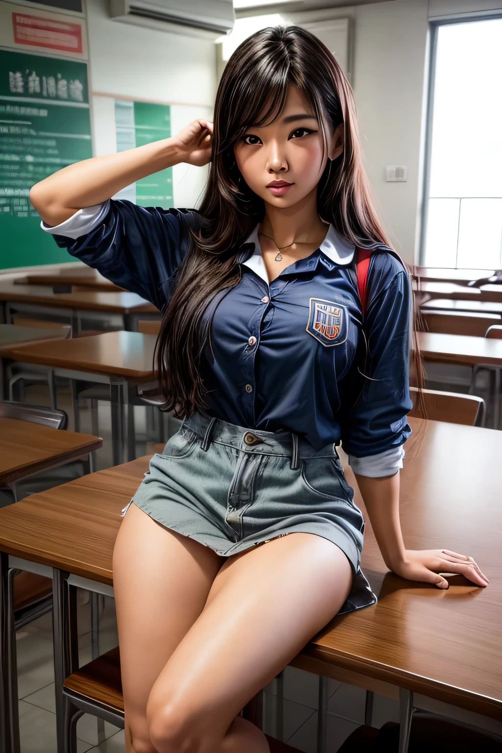 Mulher bonita, pele escura, Asian, ela parece nervosa, faculdade particular, uniforme, saia, decote, sala de aula, pose sexy
