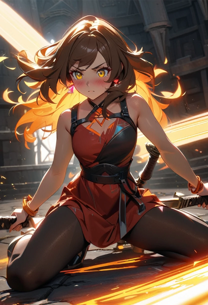 kawaii anime, cute girl, short brown hair, wind effect shaking her hair, wearing red earrings, detailed yellow eyes, serious expression but with blush on her face, holding a sword with both hands, long red blouse to the knees, magical triangular symbol on her blouse, orange bracelets on her arms, a slightly sensual pose, magical aura of fire around her body, black tights with orange details, wearing silver boots, in the middle of a medieval arena, details of sun rays passing through the sword and reflecting on the screen, solarpunk, rtx graphics, dynamic pose