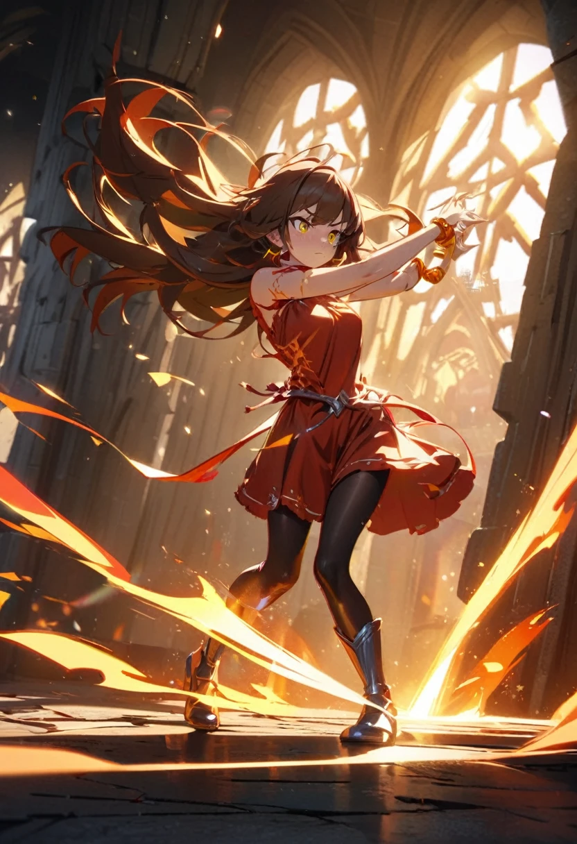 kawaii anime, cute girl, short brown hair, wind effect shaking her hair, wearing red earrings, detailed yellow eyes, serious expression but with blush on her face, holding a sword with both hands, long red blouse to the knees, magical triangular symbol on her blouse, orange bracelets on her arms, a slightly sensual pose, magical aura of fire around her body, black tights with orange details, wearing silver boots, in the middle of a medieval arena, details of sun rays passing through the sword and reflecting on the screen, solarpunk, rtx graphics, dynamic pose