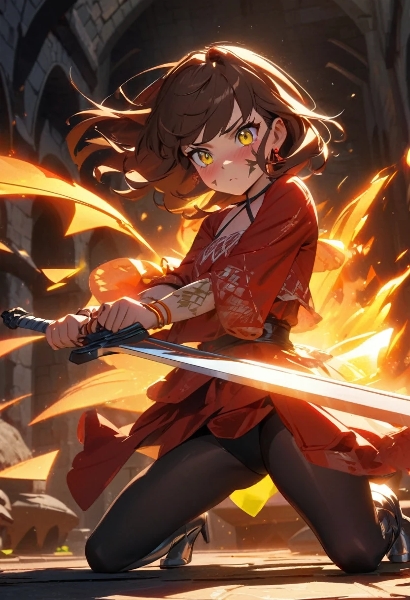 kawaii anime, cute girl, short brown hair, wind effect shaking her hair, wearing red earrings, detailed yellow eyes, serious expression but with blush on her face, holding a sword with both hands, long red blouse to the knees, magical triangular symbol on her blouse, orange bracelets on her arms, a slightly sensual pose, magical aura of fire around her body, black tights with orange details, wearing silver boots, in the middle of a medieval arena, details of sun rays passing through the sword and reflecting on the screen, solarpunk, rtx graphics, dynamic pose