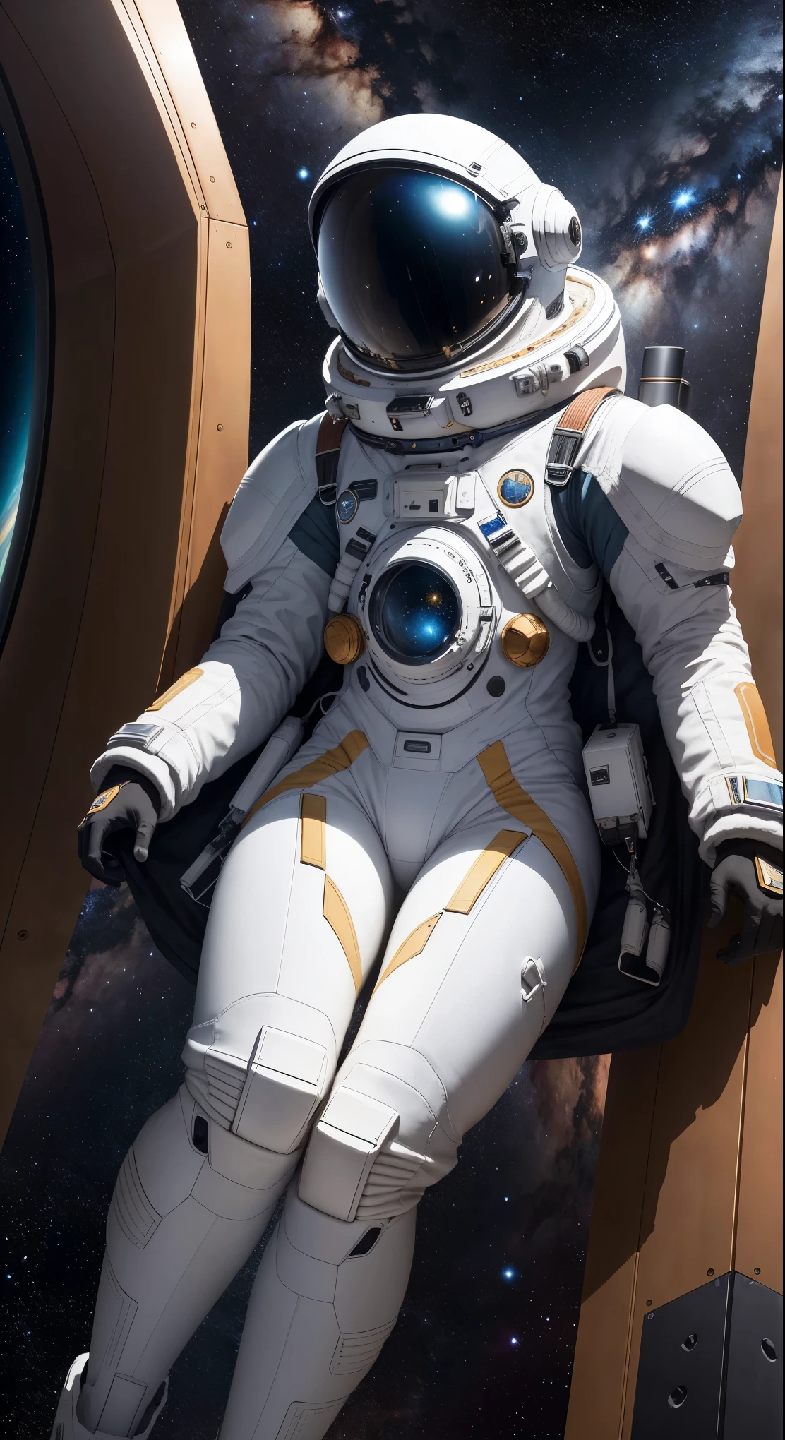 (best quality, 4k, ultra detailed, high resolution, masterpiece: 1.2),Personaje a la Distancia: Hay un personaje visto desde lejos, located at a high observation point. It is small compared to the surroundings, resaltando la magnitud de la nave. The character is equipped with a space suit, with flashing lights and mechanical details.
Vista del Espacio Exterior: Through the openings in the ship, se ve un vasto espacio estrellado. The stars are unevenly distributed, creating variable densities and suggesting the remoteness of some celestial objects.