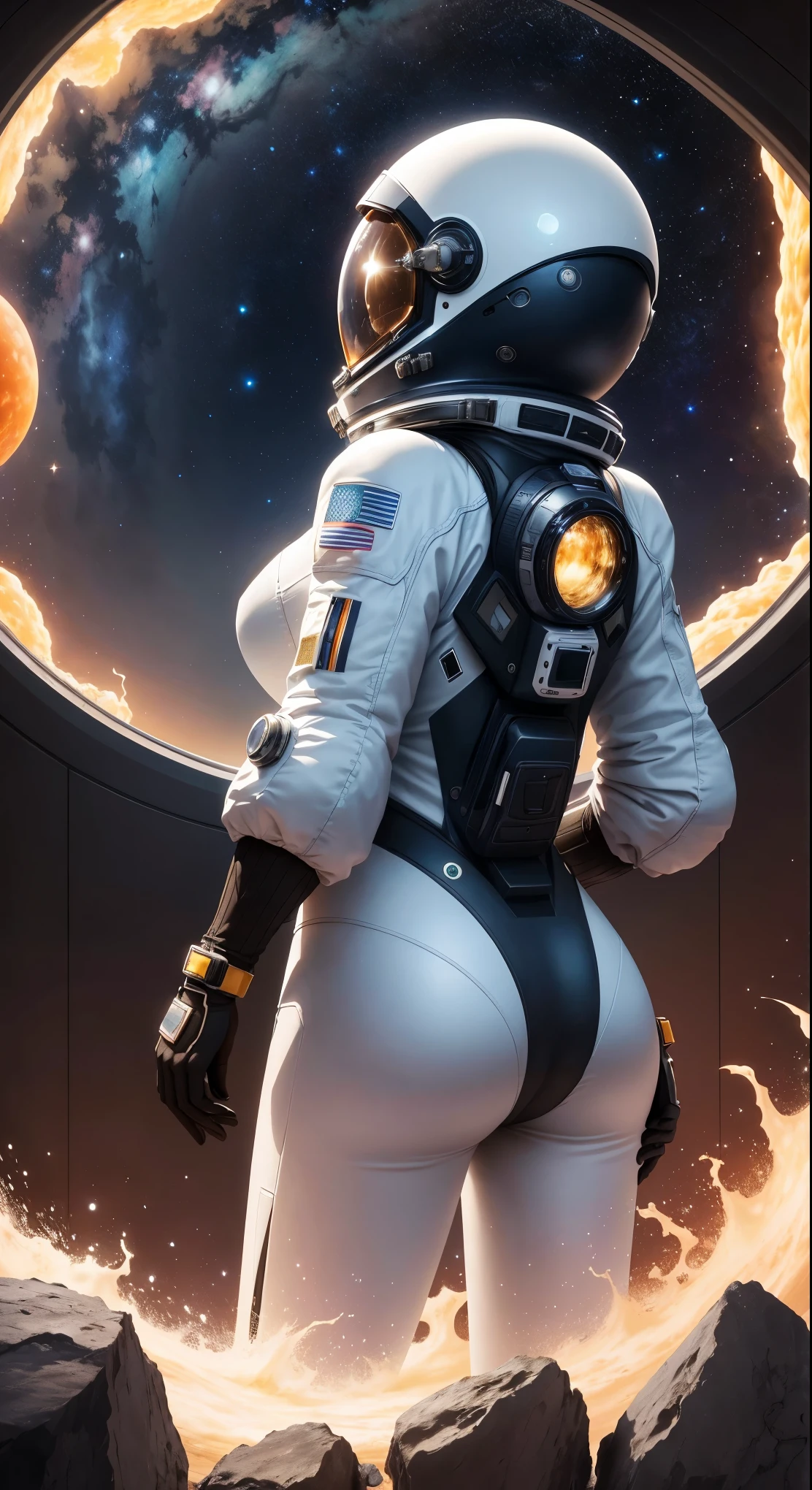 best quality, particle effect, raytracing, scening lighting, perfect lighting, masterpiece ,(female space soldier, wearing orange and white space suit, helmet, tined face shield, rebreather, accentuated booty) ,8k resolution, pretty face, chubby body, voluptous, wide hips, perfect face,, Intricately detailed cinematic film still,cute, perfect face, (highly detailed, hyperdetailed), natural lighting, auburn hair, alien planet backround, purity seals, perfect eyes,  full body, cinematic film still from Gravity 2013, best quality, particle effect, raytracing, scening lighting, perfect lighting, masterpiece ,beautiful  female space fairer looking out at the horizon, pov ,8k resolution, pretty face, chubby body, voluptous, wide hips, perfect face,, Intricately detailed cinematic film still,cute, perfect face, (highly detailed, hyperdetailed), natural lighting, auburn hair, alien planet backround, purity seals, perfect eyes,  full body, tentalce sex, eurasian facial features