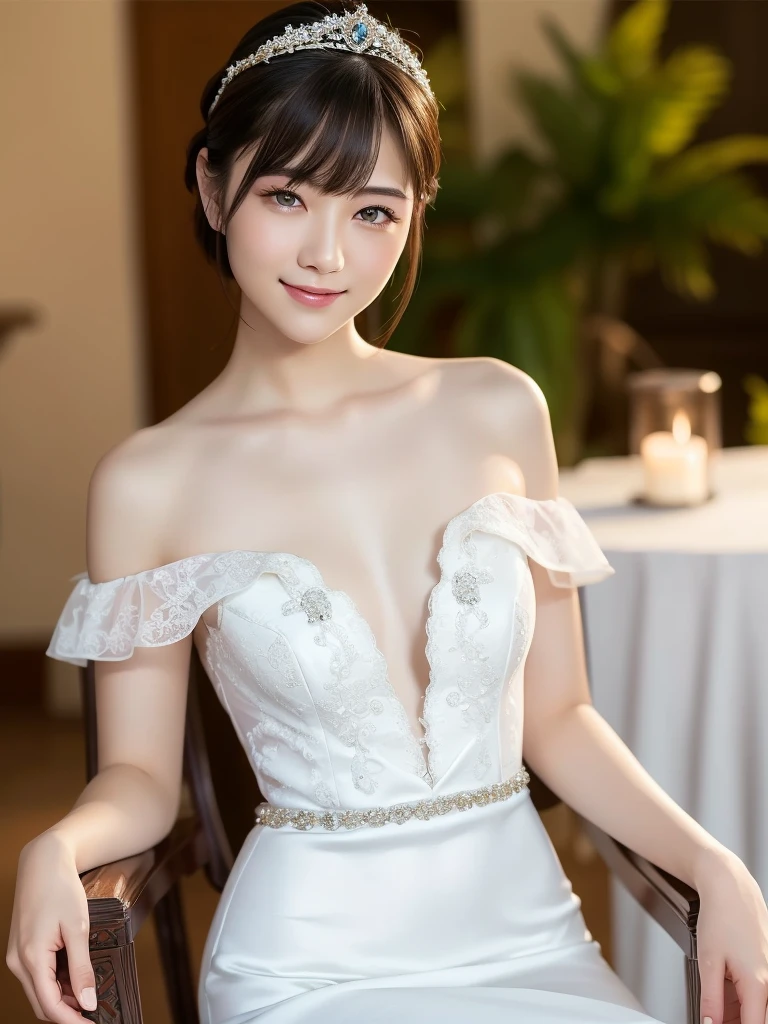 (highest quality:1.5)、(Realistic:1.5)、(1 person:1.5)、(Medium Shot:1.5)、Very detailed、High resolution、8k wallpaper、、Small breasts、Natural color lips、Cute Smile、Japanese women、20-year-old girl、Beautiful and elegant face、Perfect and beautiful face、Large, balanced eyes、Brunette's eyes、Beautiful and elegant face、Beautiful double eyelids、Natural Bangs、Beautiful thin nose、Beautiful Skin、Fair skin、Medium Bob Hair、Natural Bangs、Perfect and beautiful face、Slim face and figure、(Looking at the camera with a sweet smile)、Bright lighting、Professional Lighting、Forward lighting、tiara、(Wearing a mermaid wedding dresedieval castle、Audience Chamber、(He poses while sitting on a luxurious chair that resembles a castle throne.)、Pure white off-the-shoulder wedding dress、