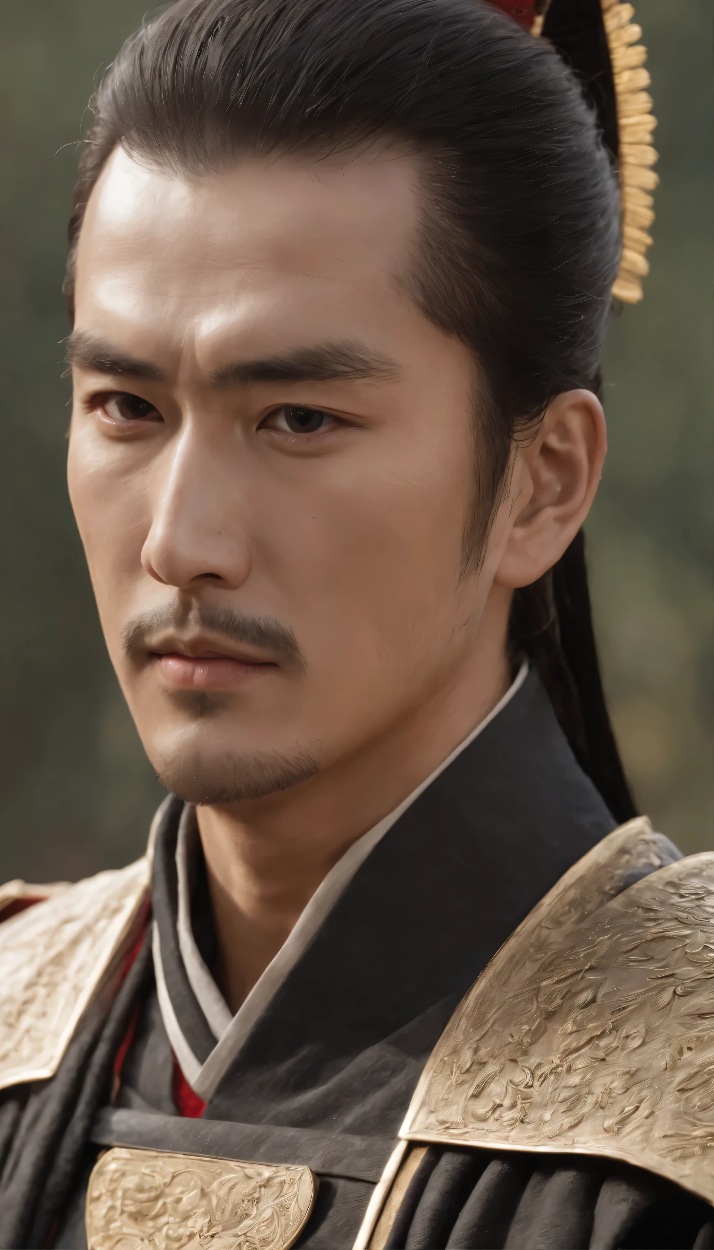 A scene from a movie,Image of Oda Nobunaga, In the enchanting scene、A man stands proudly in an elegant black and gold ensemble、Wielding an epic sword in fantasy daimyo style(1)。Sleek black armor with gold accents、It envelops a muscular body that sparkles under the soft, mysterious light.。The man's stubble-covered jaw was set firmly in place.、His determined features are etched with a look of concentration.。Thick eyebrows slightly furrowed、His sculpted face is adorned with lines that add depth to it.。Ultra-detailed and ultra-realistic male eyes、Gazing into the distance、A steely determination illuminates its depths。