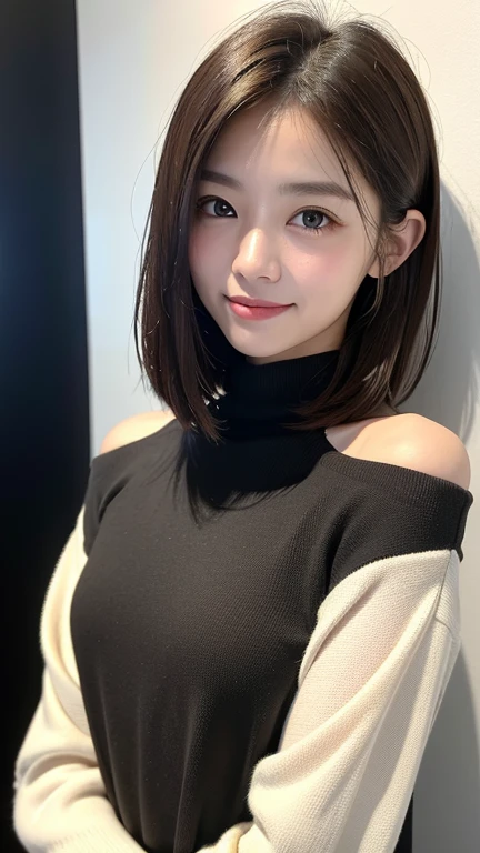 (((Close-up of face)))、(((Absolutely shoulder-length brown straight short bob)))、(((She is posing like a hair salon model, with a black wall indoors as the background.)))、(((Casual black winter long sleeves with shoulders covered)))、Half Japanese, half Korean、18 year old girl、Standing Alone、Looking forward、Light eye makeup、Brown Hair Color、Flat and 、Hair blowing in the wind、Actress Quality、Glossy, ultra-realistic face、Smiling face、Watery eyes、Gazing Up、Subtle lighting effects、 Ultra-Realistic Capture、Very detailed、High resolution 16K close up of human skin。Skin texture must be natural、The details must be such that pores can be clearly seen、The skin is healthy、Uniform tone、Use natural light and colors、A worn-out, high-quality photo taken by a model agency&#39;s in-house photographer.、smile、(((SIGMA 300 mm F/1.4,1/1000 sec shutter,ISO 400))) 