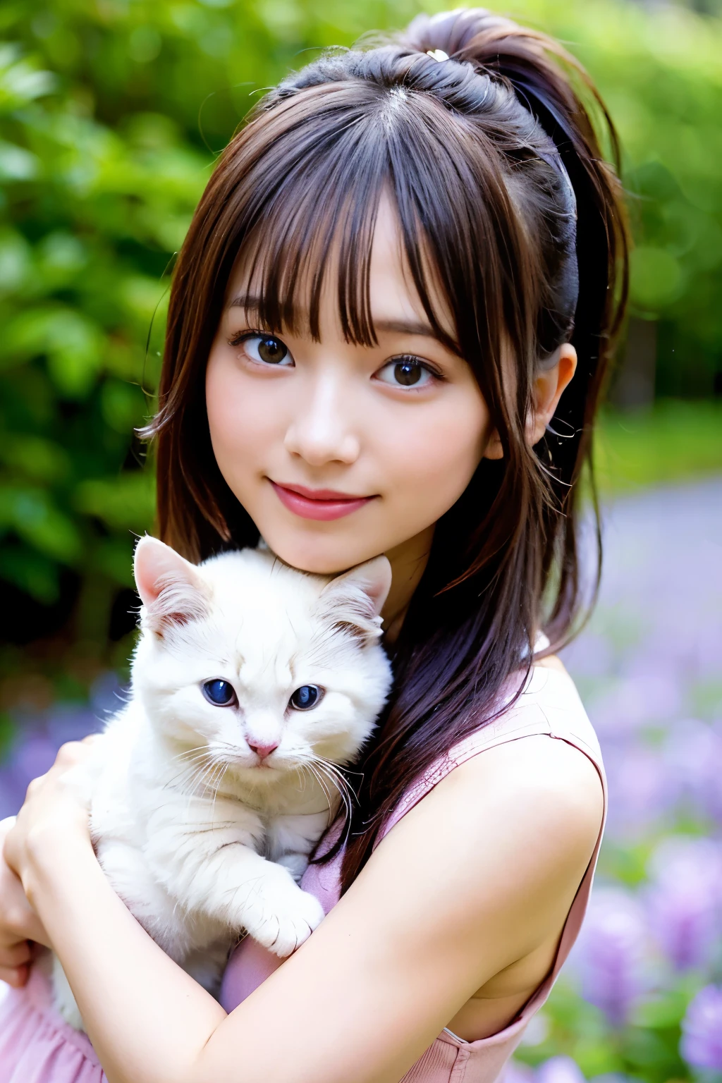 ((masterpiece,best quaLightingy 1.4)), (8k,RAW Photos:1.2), (Realistic,photo Realistic:1.4), Ultra-high resolution , (Highly detailed 8K wallpapers) ,Japanese Idols, Japanese actress, Japanese, very cute, Big eyes, Highly detailed eyes and face, Beautiful eyes in every detail,Shiny skin,Portraiture,(ponytail :1.2),(smile:1.3) ,(Holding a fluffy kitten:1.2),Lighting, Sharp focus, Written boundary depth , (Dynamic Angle:1.4 ). Blur the background, Bokeh, (Pink Dress:1.2) ,( Lavender field in daytime.)