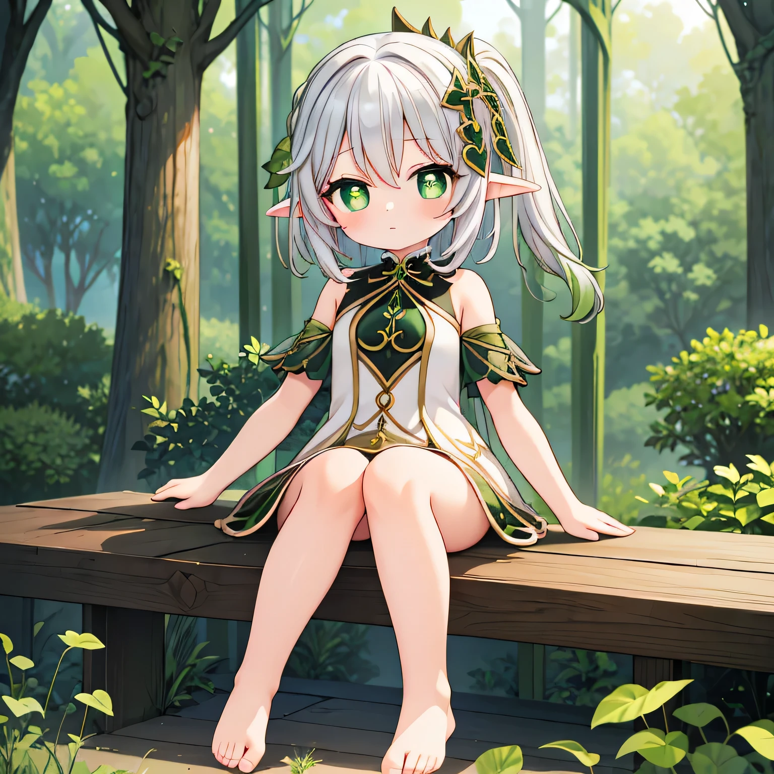 High quality, (masterpiece), girl, flat brest, short silver hair, green eyes, (chibi:0.6), elf clothes, raising the legs, in a forest, (sitting front:1.4), (barefoot:1.4)