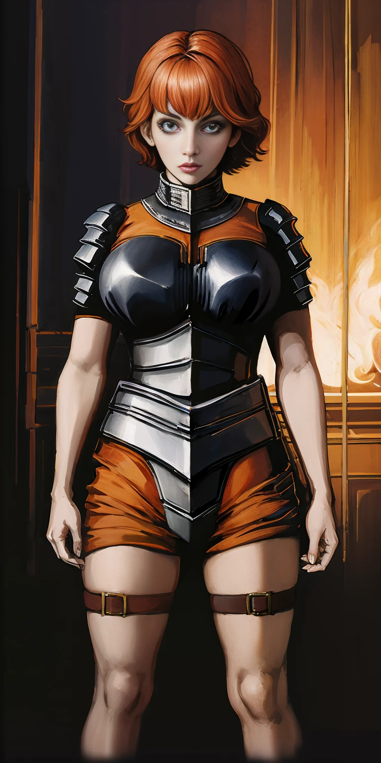 funger, very detailed illustration, 1girl, big breasts, high res high quality, masterpiece, looking at viewer, (knight), orange hair, absurdness, ultra-detailed, short hair