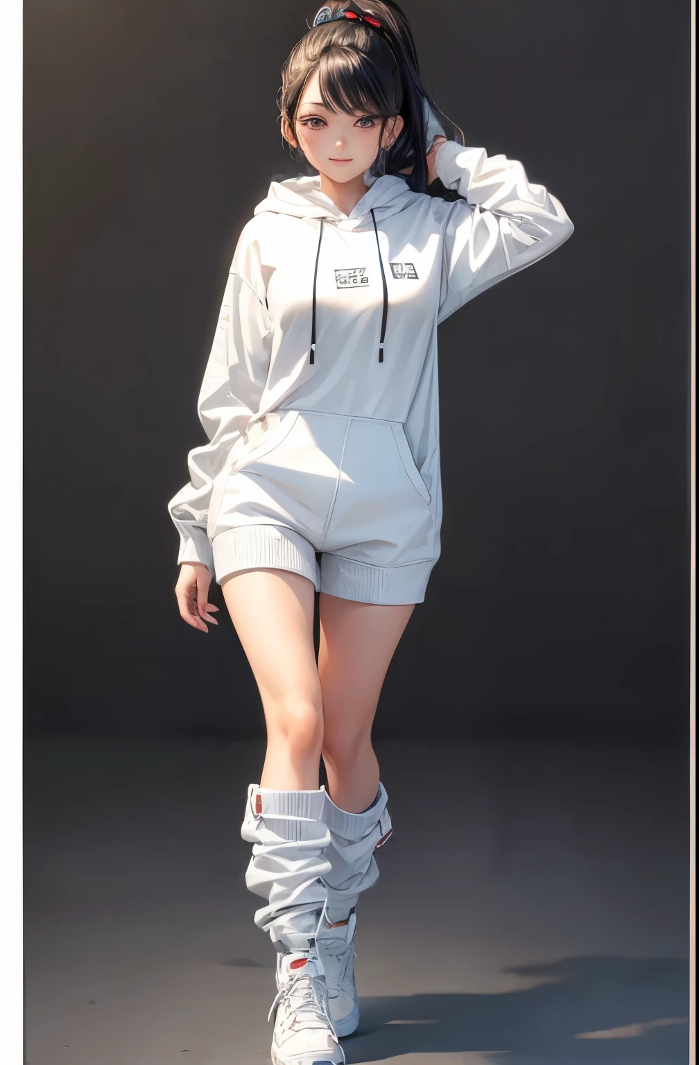 ((best quality)), ((masterpiece)), (detailed), perfect face,(18 years old),(beautiful girl), ponytail,(blackes Braun hair), cute smile (looking at vivers) on a streat road,( full body view),(detailed lips), perfect head ,(detailed face), wers a white hoodi black Stiles short pant that reaches nee, heads in hoodi pocket,(huge breasts),(perfect  girl), Korean girl 