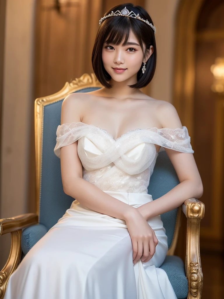 (highest quality:1.5)、(Realistic:1.5)、(1 person:1.5)、(Medium Shot:1.5)、Very detailed、High resolution、8k wallpaper、、Small breasts、Natural color lips、Cute Smile、Japanese women、20-year-old girl、Beautiful and elegant face、Perfect and beautiful face、Large, balanced eyes、Brunette's eyes、Beautiful and elegant face、Beautiful double eyelids、Natural Bangs、Beautiful thin nose、Beautiful Skin、Fair skin、Medium Bob Hair、Natural Bangs、Perfect and beautiful face、Slim face and figure、(Looking at the camera with a sweet smile)、Bright lighting、Professional Lighting、Forward lighting、Wedding dress、tiara、(マーメイドラインのWedding dressを着て)、(Sitting with his feet together on a gorgeous chair like a castle throne)、