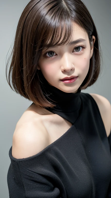 (((Close-up of face)))、(((Absolutely shoulder-length brown straight short bob)))、(((She is posing like a hair salon model, with a black wall indoors as the background.)))、(((Casual black winter long sleeves with shoulders covered)))、Half Japanese, half Korean、18 year old girl、Standing Alone、Looking forward、Light eye makeup、Brown Hair Color、Flat and 、Hair blowing in the wind、Actress Quality、Glossy, ultra-realistic face、Smiling face、Watery eyes、Gazing Up、Subtle lighting effects、 Ultra-Realistic Capture、Very detailed、High resolution 16K close up of human skin。Skin texture must be natural、The details must be such that pores can be clearly seen、The skin is healthy、Uniform tone、Use natural light and colors、A worn-out, high-quality photo taken by a model agency&#39;s in-house photographer.、smile、(((SIGMA 300 mm F/1.4,1/1000 sec shutter,ISO 400))) 