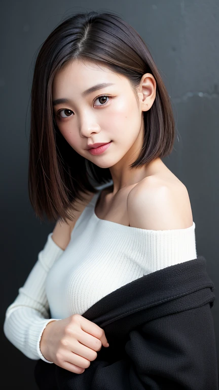 (((Close-up of face)))、(((Absolutely shoulder-length brown straight short bob)))、(((She is posing like a hair salon model, with a black wall indoors as the background.)))、(((Casual black winter long sleeves with shoulders covered)))、Half Japanese, half Korean、18 year old girl、Standing Alone、Looking forward、Light eye makeup、Brown Hair Color、Flat and 、Hair blowing in the wind、Actress Quality、Glossy, ultra-realistic face、Smiling face、Watery eyes、Gazing Up、Subtle lighting effects、 Ultra-Realistic Capture、Very detailed、High resolution 16K close up of human skin。Skin texture must be natural、The details must be such that pores can be clearly seen、The skin is healthy、Uniform tone、Use natural light and colors、A worn-out, high-quality photo taken by a model agency&#39;s in-house photographer.、smile、(((SIGMA 300 mm F/1.4,1/1000 sec shutter,ISO 400))) 