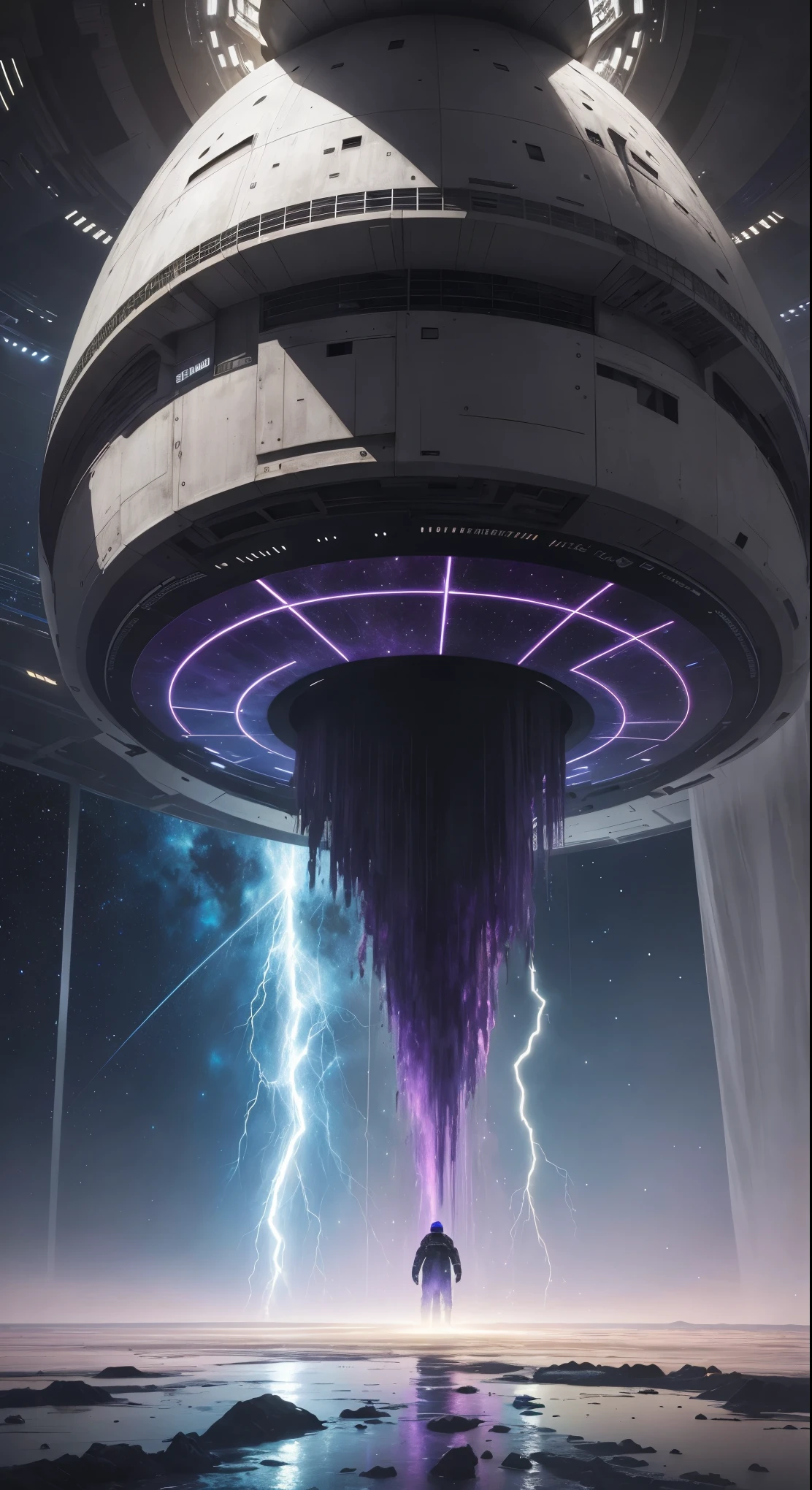 (best quality, 4k, ultra detailed, high resolution, masterpiece: 1.2),The image features the interior of a partially destroyed bio-organic alien ship, capturing a high angle that gives a feeling of scale and spaciousness. Grandes brechas en el casco muestran el espacio exterior, repleto de estrellas y luces brillantes. The interior structure combines technological elements with organic fabrics, usando tonos de verde, marrón y purple, with textures reminiscent of moss and vegetation. Parts of the ship are damaged, con metal retorcido y fluidos iridiscentes goteando, creando charcos brillantes en el suelo.
The lighting is dramatic, proveniente del espacio exterior, generating marked contrasts between bright areas and elongated shadows, contributing to the dark and mysterious atmosphere of the scene. Un personaje en un traje espacial se ubica en un punto elevado, small compared to the vast structure, destacando la grandeza de la nave. The style of the image is a mix of futuristic and organic, with high resolution that allows complex and realistic details. La paleta de colores incluye verdes oscuros, marrones, purple, and metallic tones, mientras que el espacio exterior muestra un azul profundo con estrellas brillantes.
The combination of technology and biological elements, along with high resolution and quality of details, crea una imagen impresionante que destaca la magnitud y el misterio del escenario
