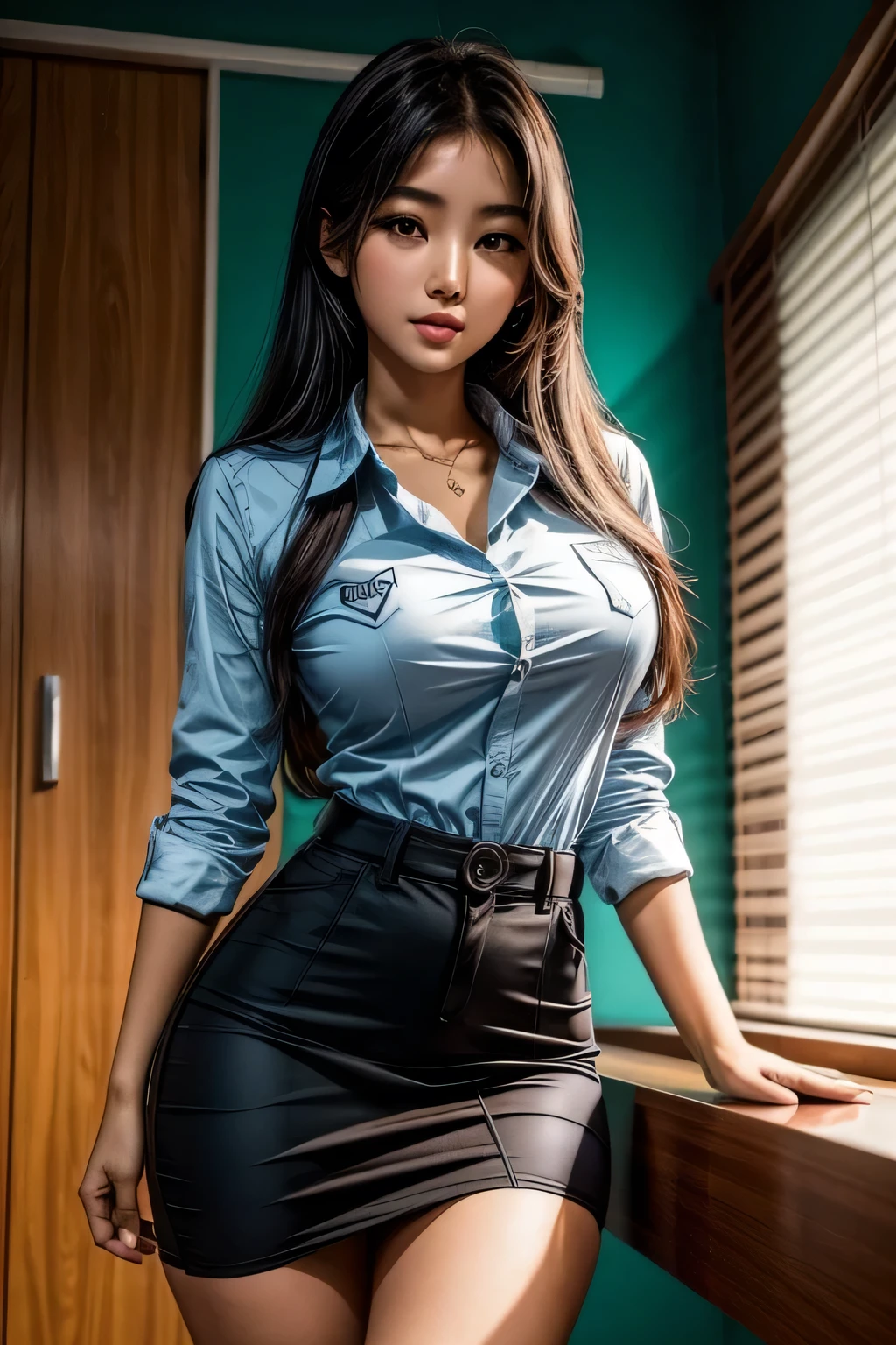 masterpiece, best quality, ultra-detailed, illustration, epic lighting, cinematic composition, isometric, view from above, full figure, 1girl, (solo:1.5), cute, blue eyes, green eyes, detailed iris, black hair, swept bangs, single sidelock, red hairclip, unbuttoned white shirt, choker, loose black necktie, black skirt, black pantyhose, formal, enchanting gaze, captivating pose, indoors, office, door, opening door, looking at viewer, peeking out upper body, blush, seductive smile, closed mouth,(8k:1.1), (ahegao:1.5)