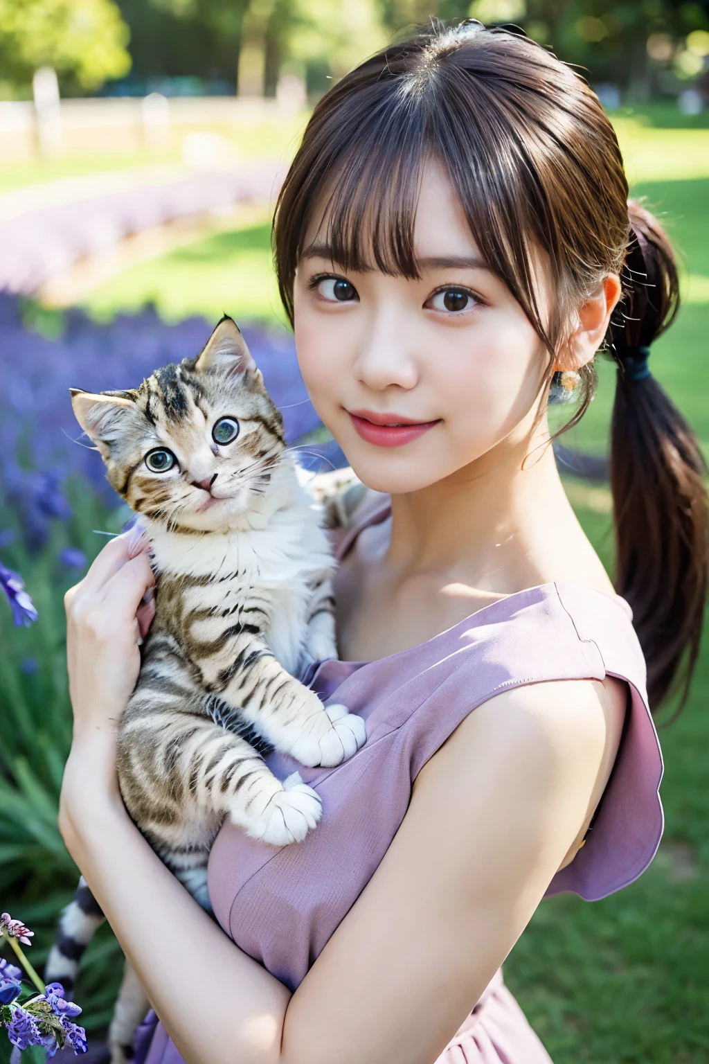 ((masterpiece,best quaLightingy 1.4)), (8k,RAW Photos:1.2), (Realistic,photo Realistic:1.4), Ultra-high resolution , (Highly detailed 8K wallpapers) ,Japanese Idols, Japanese actress, Japanese, very cute, Big eyes, Highly detailed eyes and face, Beautiful eyes in every detail,Shiny skin,Portraiture,(ponytail :1.2),(smile:1.3) ,(Holding a fluffy kitten:1.2),Lighting, Sharp focus, Written boundary depth , (Dynamic Angle:1.4 ). Blur the background, Bokeh, (Pink Dress:1.2) ,( Lavender field in daytime.)