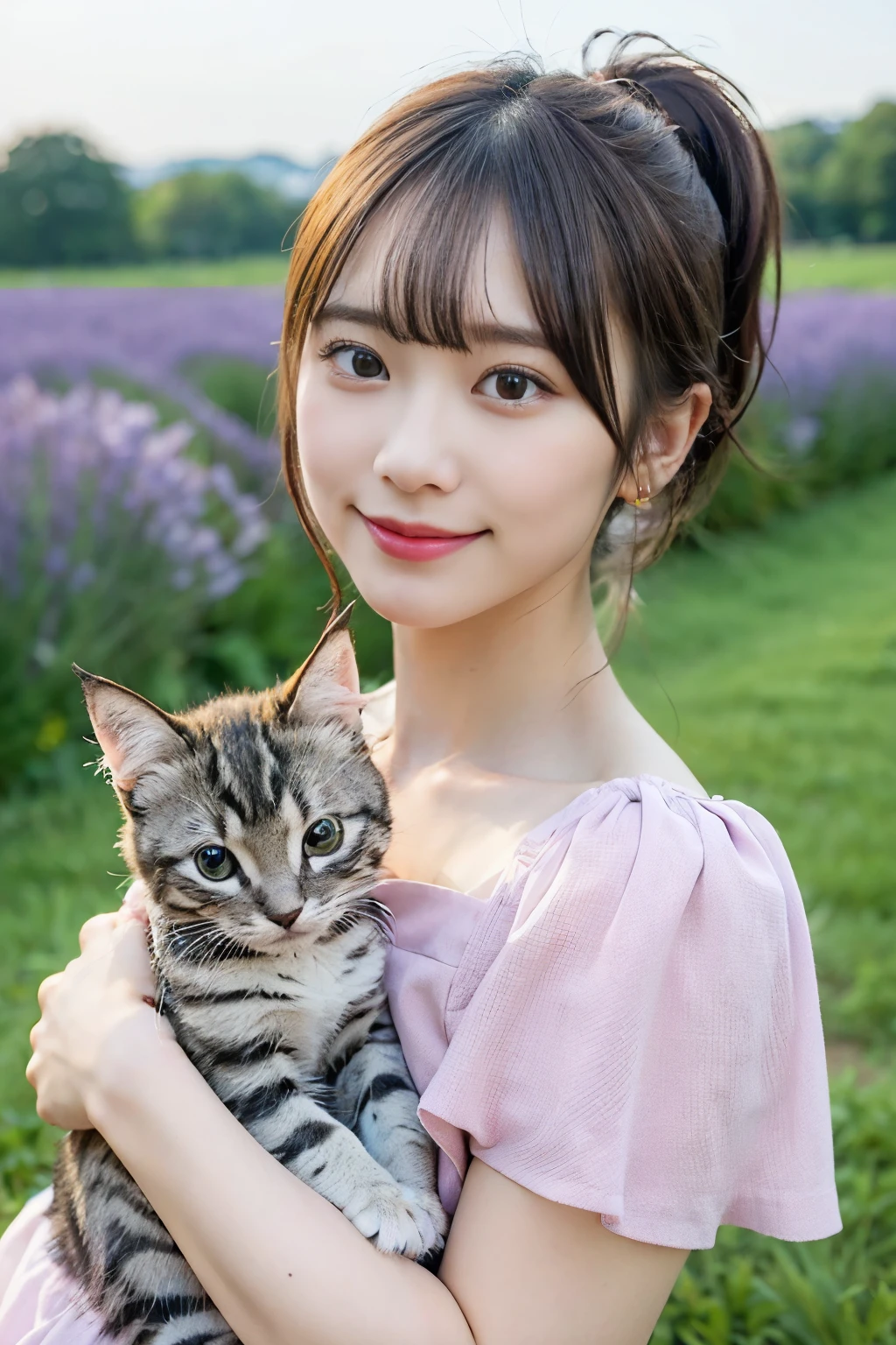 ((masterpiece,best quaLightingy 1.4)), (8k,RAW Photos:1.2), (Realistic,photo Realistic:1.4), Ultra-high resolution , (Highly detailed 8K wallpapers) ,Japanese Idols, Japanese actress, Japanese, very cute, Big eyes, Highly detailed eyes and face, Beautiful eyes in every detail,Shiny skin,Portraiture,(ponytail :1.2),(smile:1.3) ,(Holding a fluffy kitten:1.2),Lighting, Sharp focus, Written boundary depth , (Dynamic Angle:1.4 ). Blur the background, Bokeh, (Pink Dress:1.2) ,( Lavender field in daytime.)