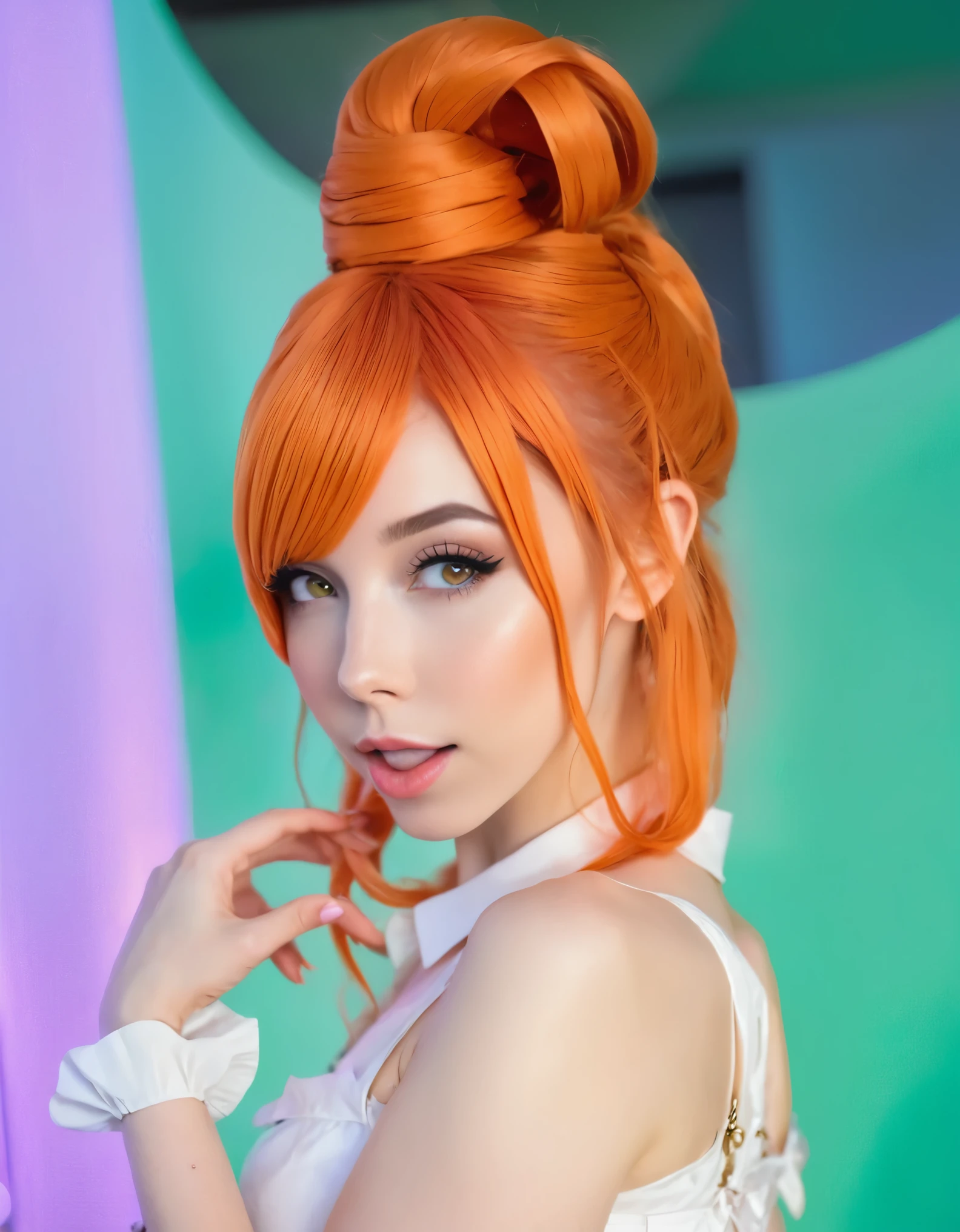 there is a woman with Rote Haare posing for a picture, amouranth, besser bekannt als Amouranth, Abonnieren, Amouranth als Superschurke, madison beer as Abonnieren, Rote Haare, Cosplay costume, orange leuchtendes Haar, Young beautiful Amouranth, belle delphine, karottenfarbenes Haar, Abonnieren outfit, ayaka Cosplay costume