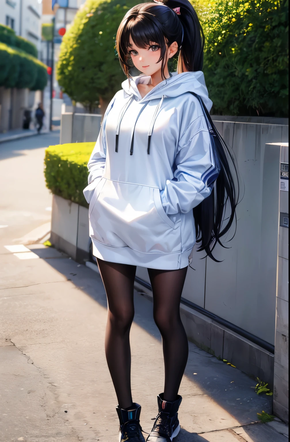 ((best quality)), ((masterpiece)), (detailed), perfect face,(18 years old),(beautiful girl), ponytail,(blackes Braun hair), cute smile (looking at vivers) on a streat road,( full body view),(detailed lips), perfect head ,(detailed face), wers a white hoodi black Stiles short pant that reaches nee, heads in hoodi pocket,(huge breasts),(perfect girl), Korean girl