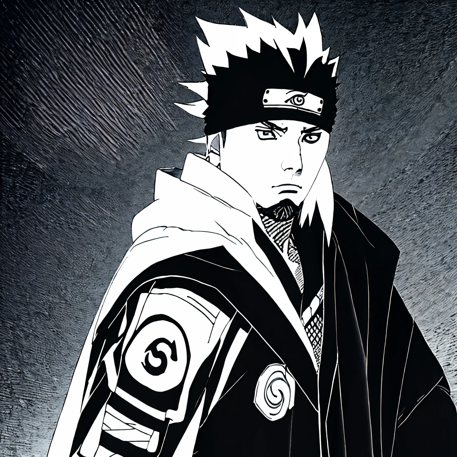 Can you create a single male shinobi for me in anime?. Ce personnage aura le physique et la coupe de cheveux en noirs de yahiko. Fugaku&#39;s Sharingan on the right eye and the rinnegan Sharingan on the left eye. La tenue jonin noir et la cape de l’organisation Kara. 
Le masque cachant le nez et la bouche et une épée de moyenne taille. He will also have a ninja headband with the symbol of the hidden soul village. 