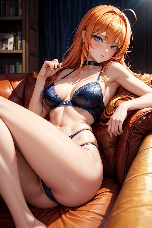 Draw Cassye Sandler, an anime-style female character with lung-length orange hair, thin orange eyebrows, and blue eyes. small breasts, thin waist, big perky ass, thick thighs. She is wearing a sexy thong naughty police costume in the living room at home. lying on the couch with her ass in the air.