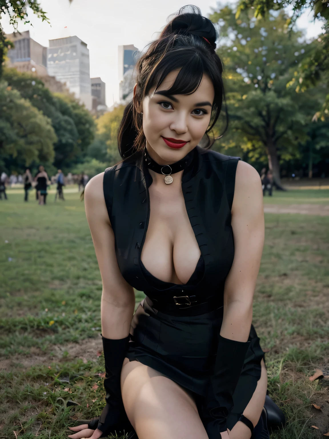 beautiful girl that looks like Bettie page, smile, updo, ponytail hair, red lipstick ,black long maxi-skirt(black long maxi-skirt:1.2), (( long black satin gloves)),high boots, ((and a long woolen vest )), flirting with the camera, hand bag on her shoulders, lying on the ground on the grass of central park having an orgasm with a vibrator,