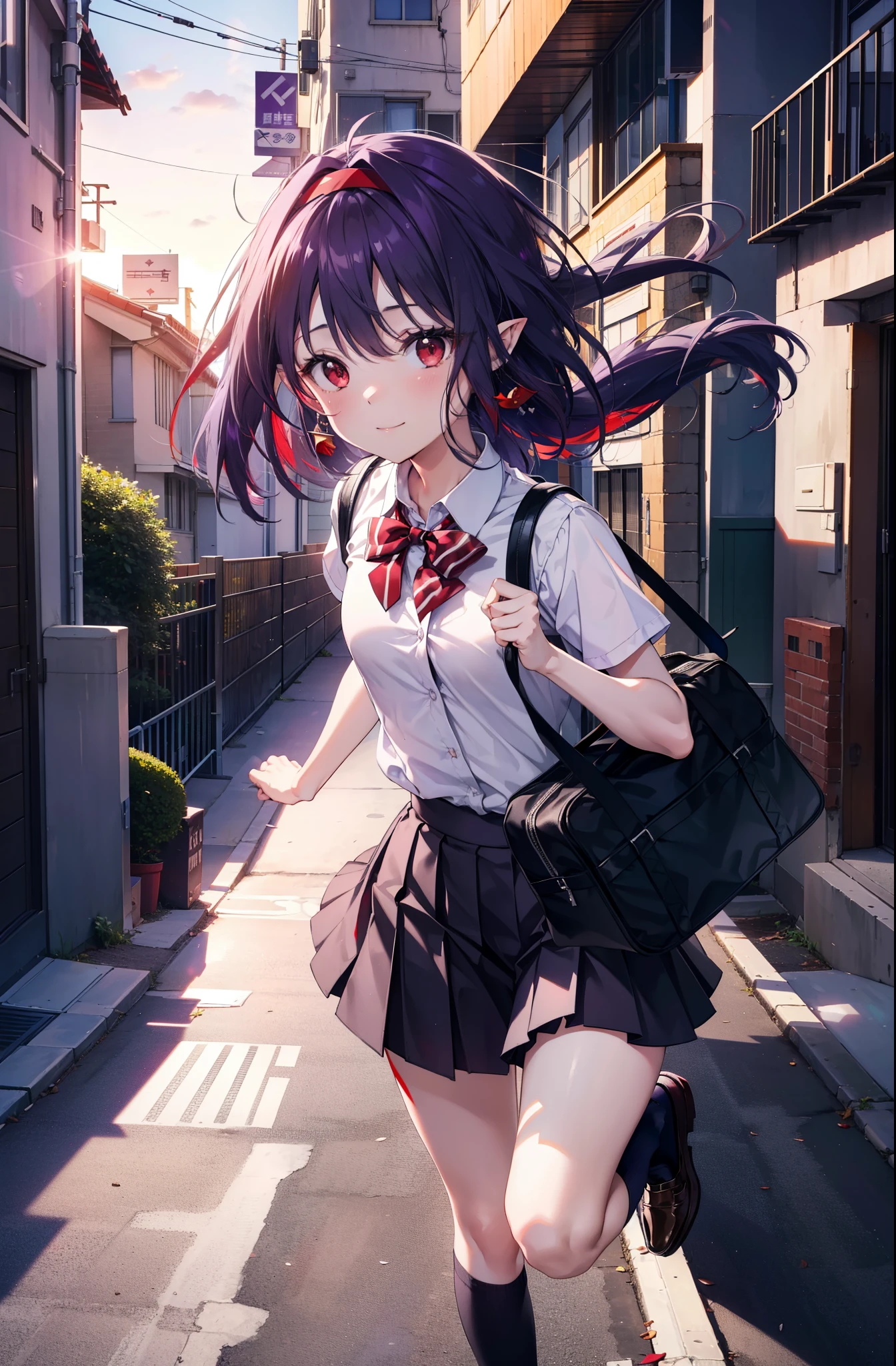 yuukikonno, Yuki Konno, hair band, Long Hair, Pointy Ears, Purple Hair, (Red eyes:1.5), (Small breasts:1.2), smile,White Y-shirt,Purple vest,Short sleeve,Purple pleated skirt,Black socks,Brown Loafers,Toast in the mouth, running, City Street,morning,morning日,sunrise,A girl running with a student bag, 
break looking at viewer, Upper Body, whole body,
break outdoors, Residential Street,
break (masterpiece:1.2), highest quality, High resolution, unity 8k wallpaper, (shape:0.8), (Fine and beautiful eyes:1.6), Highly detailed face, Perfect lighting, Highly detailed CG, (Perfect hands, Perfect Anatomy),