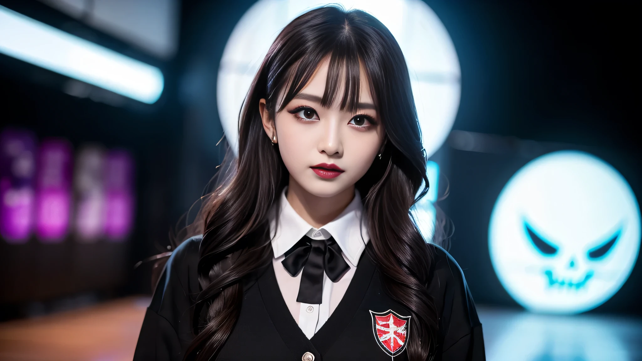 best quality、ultra-detailed、4k、Japanese、Seductive beauty、seductive adult woman、Pretty Woman、cool girl、Villainess、Brainwashed、brainwash、Fallen into evil、smirk、Evil look、Wicked Smile、evil、Brown hair、wavy hair、swept bangs、dark makeup、dark makeup、piercing eyes、hollow eyes,half-closed eyes、Hollow Eyes、purple Eyeshadow、black lipstick、black lipglos、student、uniform、Black cardigan、White Shirt、Black Ribbon、flare skirt、pantyhose、night、inside darkroom、Applying lipstick、Emblem of Evil、Crest of Darkness、Swear allegiance、I have pledged my allegiance、Dye black、Blackening、Stained with evil、Dyed in darkness、Seduce