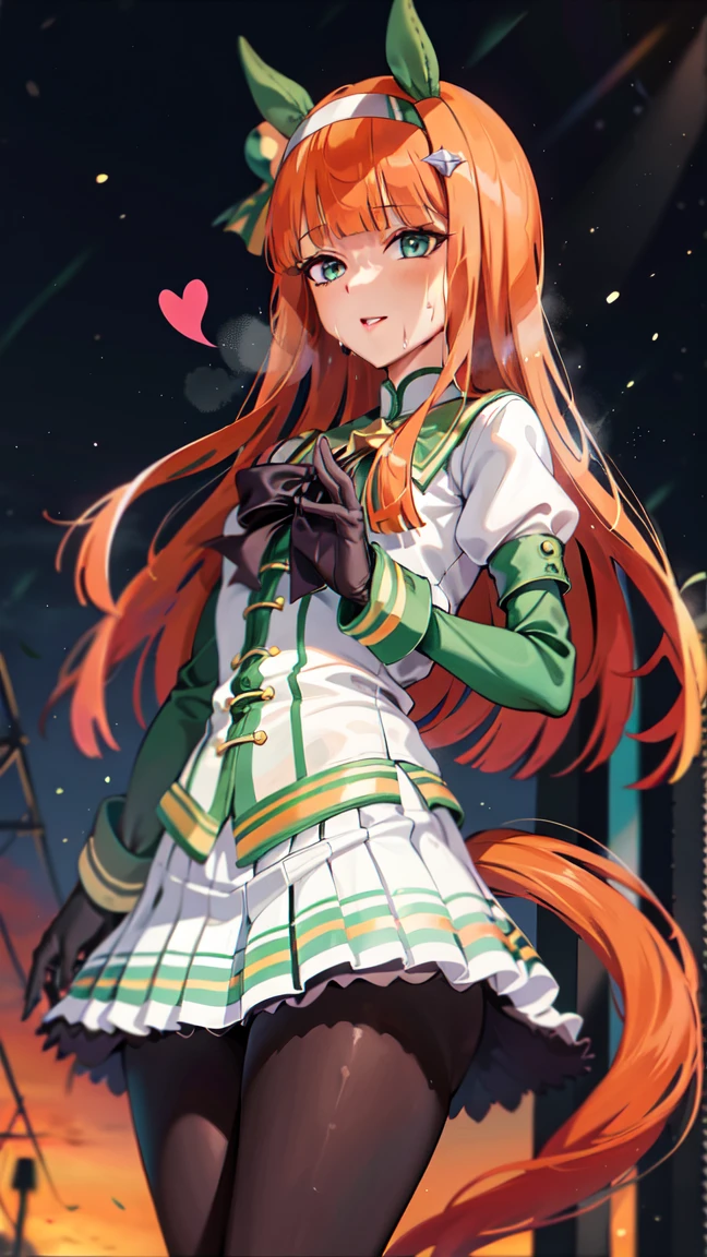 masterpiece, highest quality, Silence Suzuka \(umamusume\),(style),Black gloves, White Skirt, Pleated skirt, Black Pantyhose, Layered sleeves, or long sleeves, Black Bow, Cowboy Shot、 One Girl, Micro Mini Skirt Palm、Focus on the legs、Legs too long、Modeled、9 life-size models、Looking at the audience, Cowboy Shot, (Sweat:0.9), I breathe, concentrated,Heavy breathing, Open your mouth , Skirt Riff、(High heels:1.8) alone,masterpiece,highest quality,High resolution,Very detailed,,middle part,Black Pantyhose,High heels,Outdoor,smile,moderately,, Make your hands into a heart shape、Spread your legs, street,