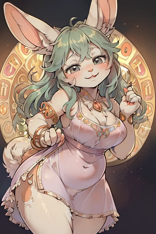 (Alphonse Mucha style:1.3) , hairy bunny mom , (realistic hairy bunny fur:1.5) , round face , (tilt face:1.2) , Wriggle body , (half-open eyes:1.5) , moist round eyes , Swollen cheeks , Seduction smile , glossy lips , Voluminous Curly hair , neat dress , twilight , Adorable gestures , dynamic angle , nag factor , Gently guide , (use Carrot scene)